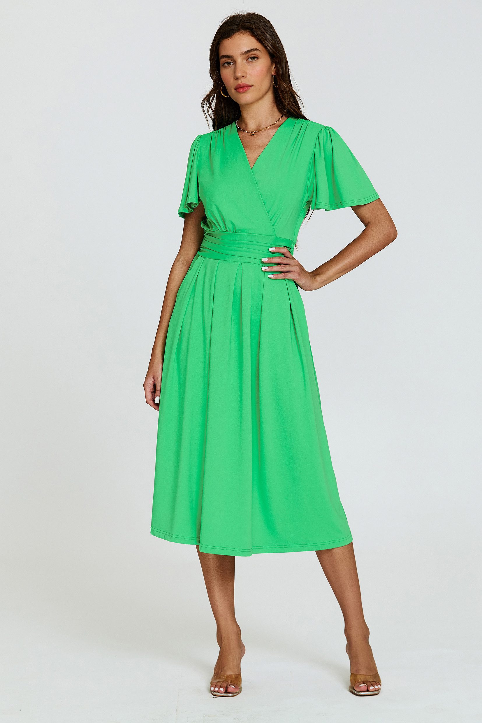 FS Collection Midikleid Damen Midikleid Sommerkleid Freizeitkleid Businesskleid Wickeloptik (Größen: XS (EU:36 / UK:8) · S (EU:38 / UK:10) · M (EU:40 / UK:12) · L (EU:42 / UK:14) · XL (EU:44 / UK:16), 3 Farben : Marineblau, Dunkelgrün und Hellgrün) Wickel