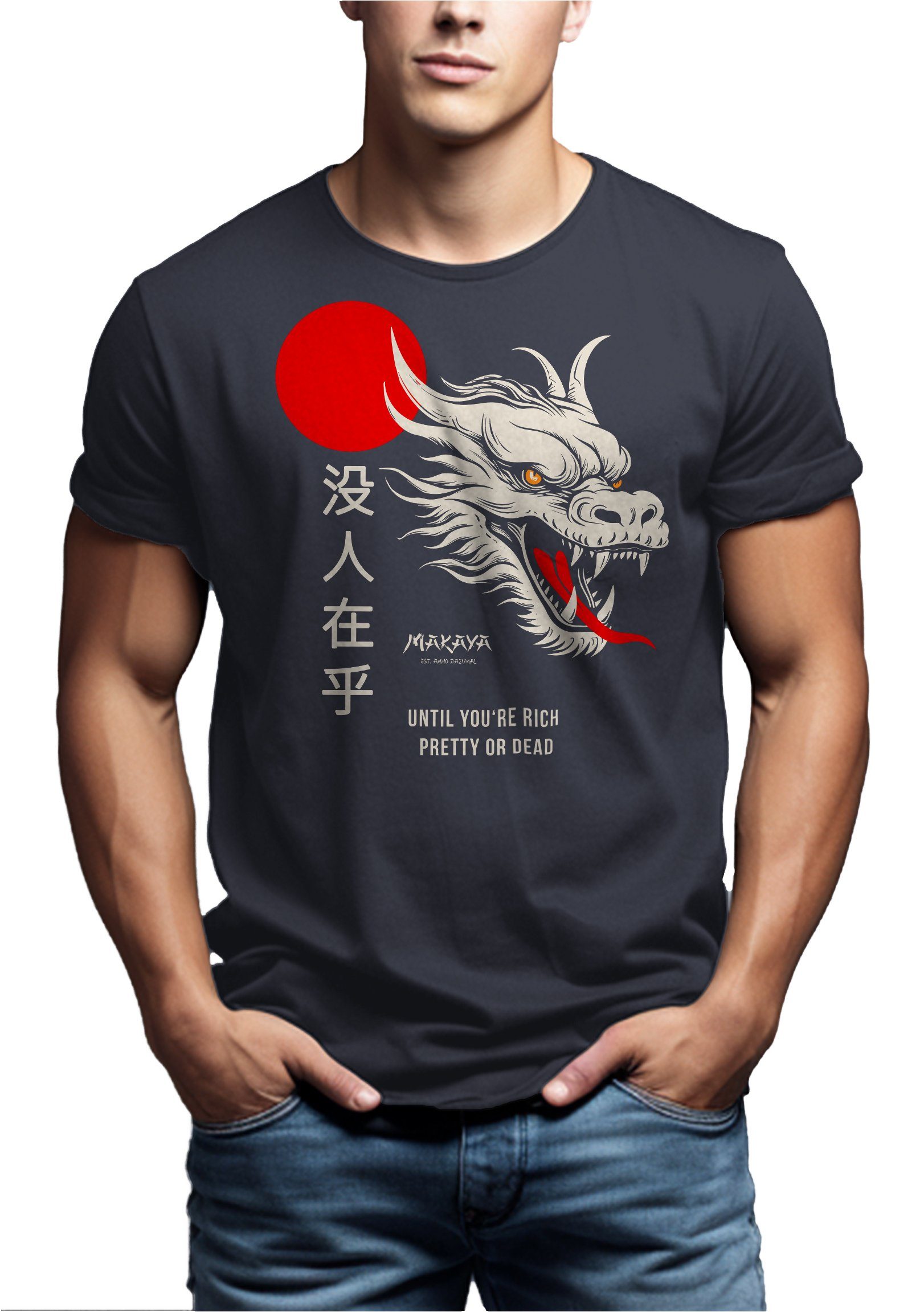 Print-Shirt Nobody Drachen MAKAYA Geschenke Cares Blaugrau Schriftzeichen Chinesischen Coole mit Spruch Dragon