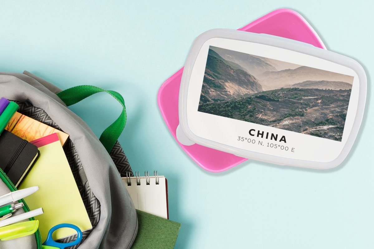 MuchoWow Lunchbox China Brotbox - Erwachsene, Kunststoff, Snackbox, Kunststoff Berge Asien, (2-tlg), - rosa für Mädchen, Kinder, Brotdose