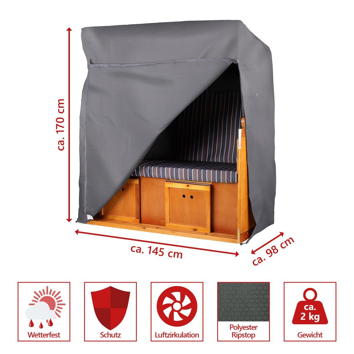 bene living Strandkorb cm, Schutzhülle - Protect atmungsaktives BxTxH: XL, Größe witterungsbeständig, UV-beständig, Polyestergewebe Prestige 145x98x170