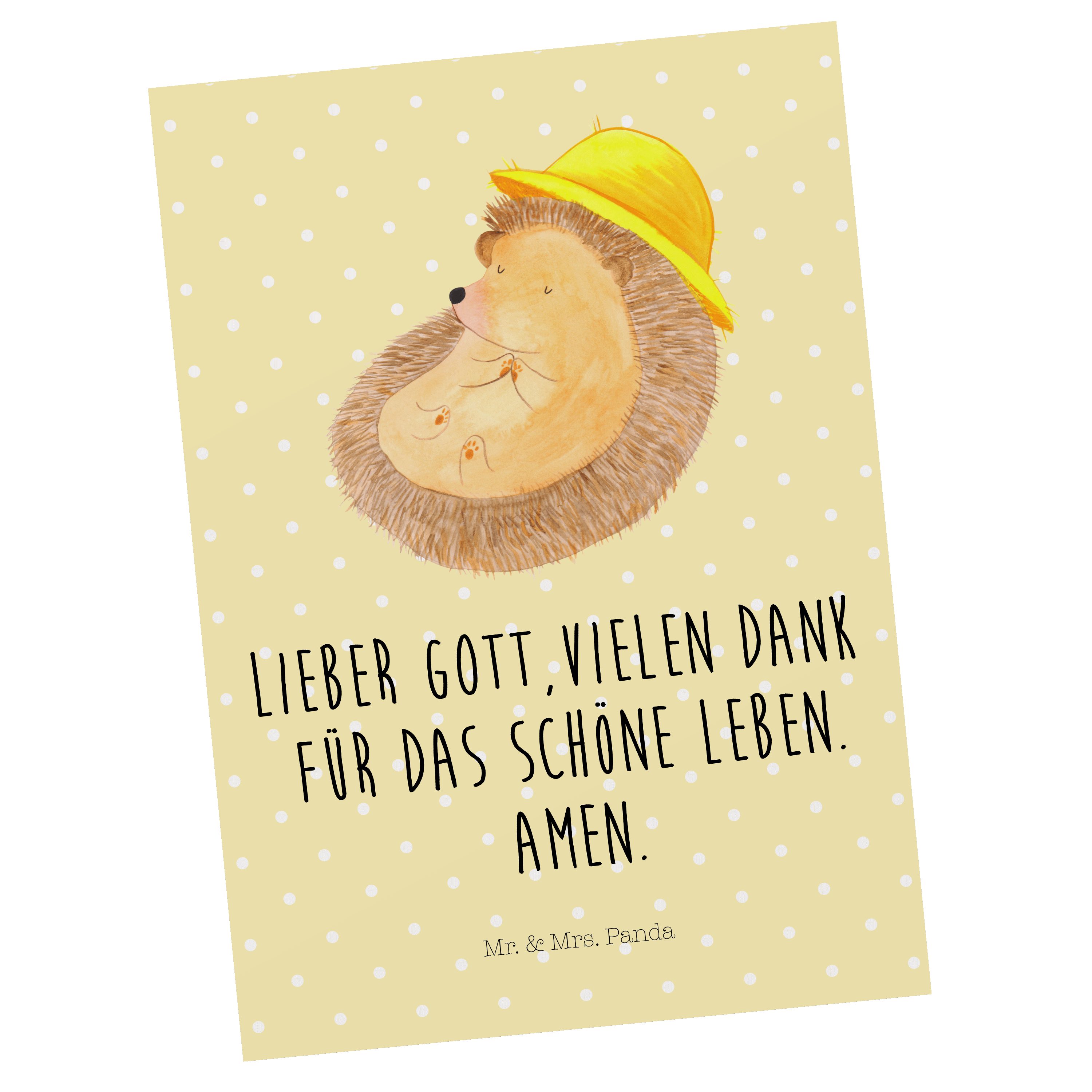Mr. & Mrs. Panda Postkarte Igel betet - Gelb Pastell - Geschenk, genießen, Karte, lustige Sprüch
