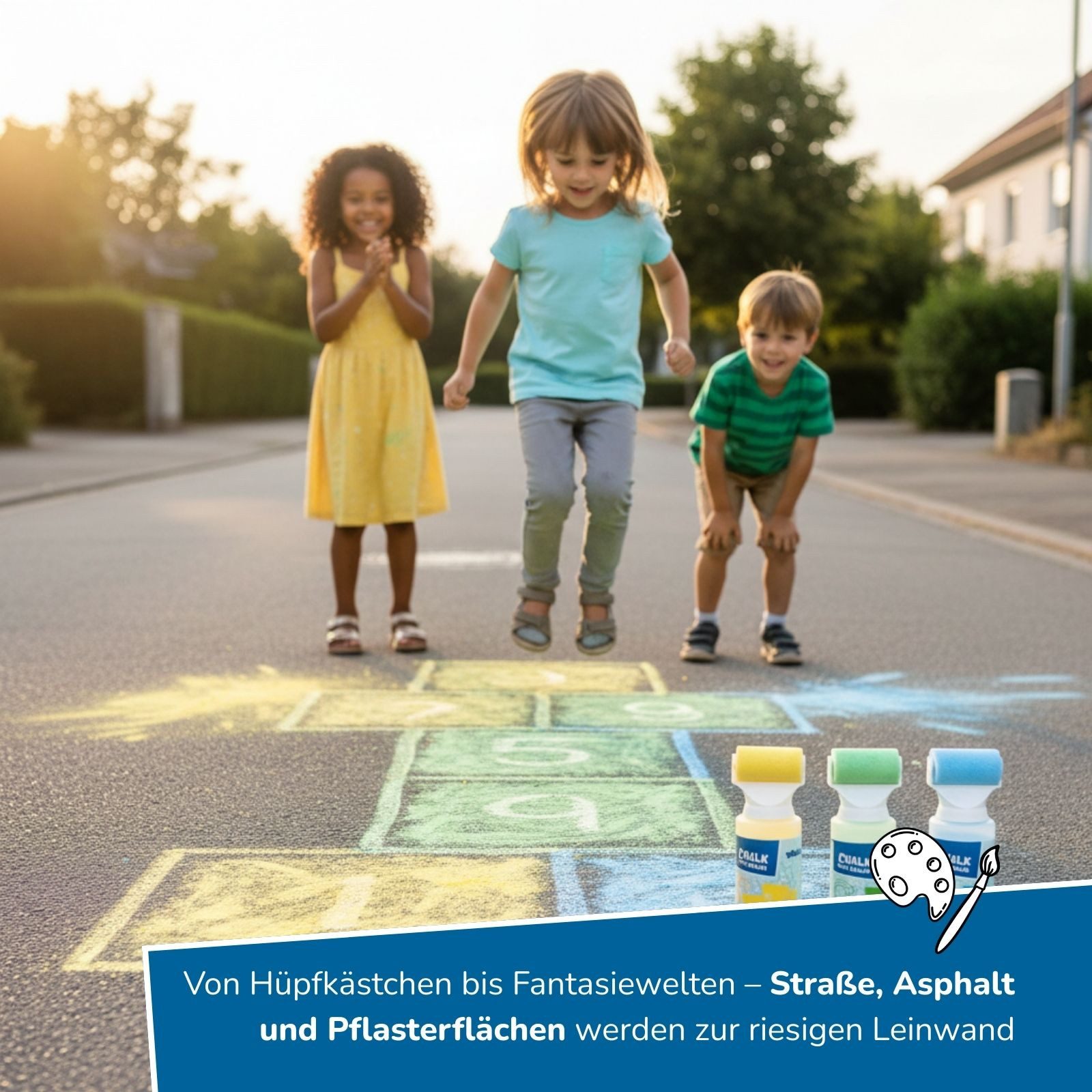 alldoro Malkreide Straßenmalkreide-Roller, 3er Set, flüssige Kreidefarbe ohne Flecken, Straßenkreide, Kreidepulver in grün, blau & gelb zum Malen auf Asphalt