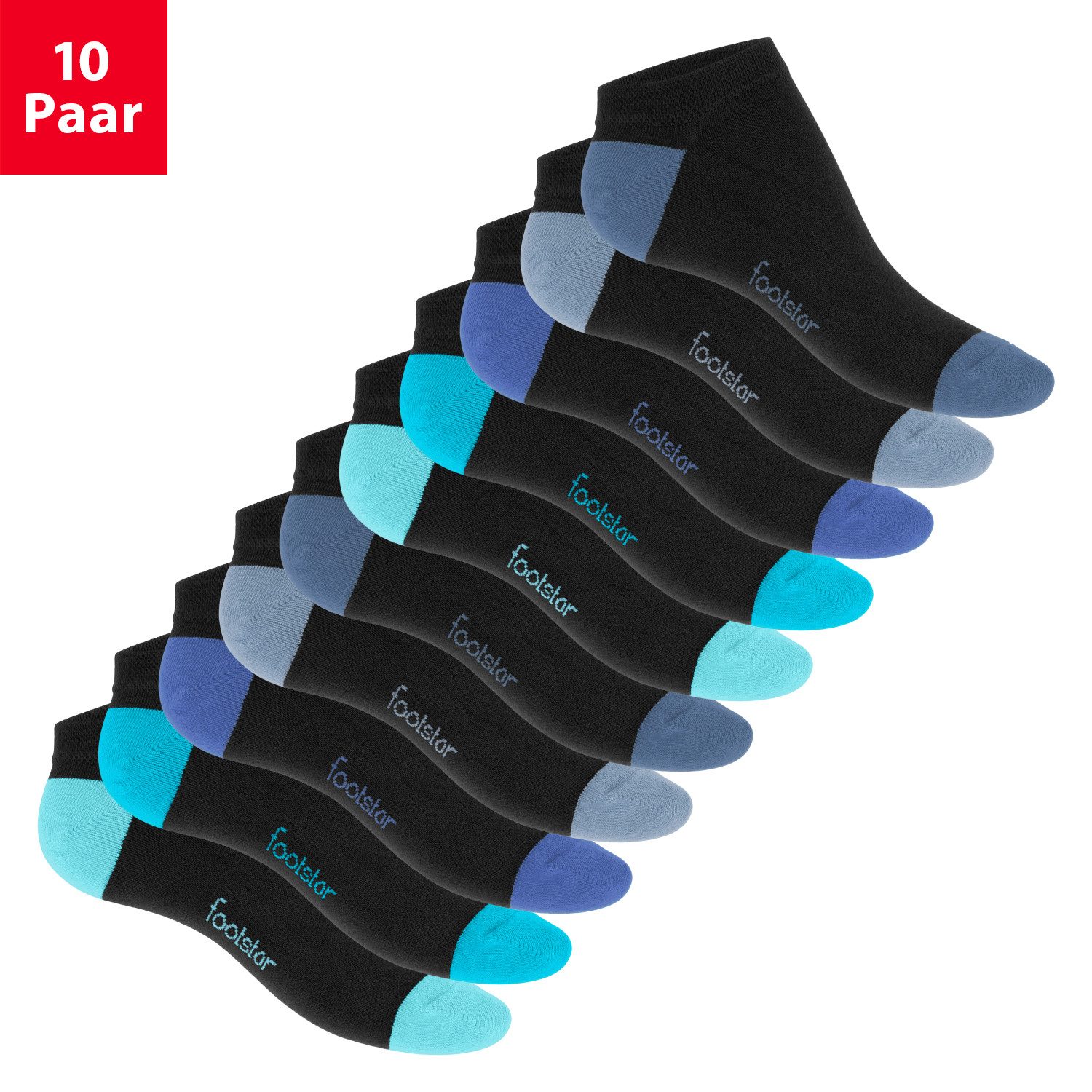 Footstar Sneakersocken 10 Paar Sneaker Socken für Damen & Herren - Bunte Ferse & Spitze (10-Paar)