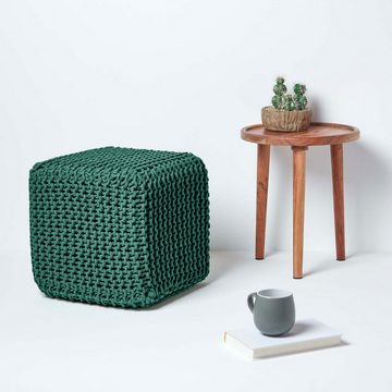 Homescapes Pouf Gestrickter Sitzwürfel 100% Baumwolle, tannengrün