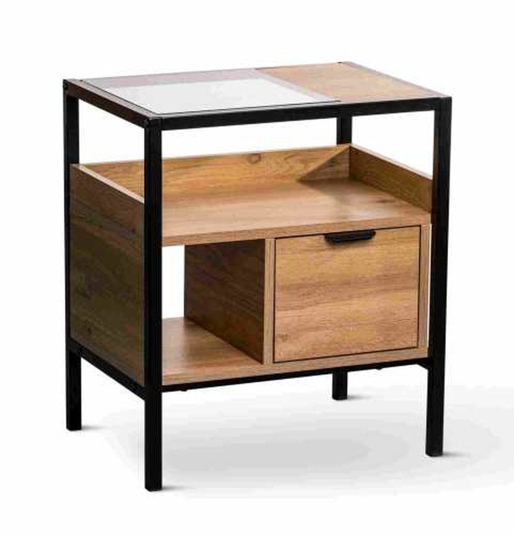 M2 Kollektion Beistelltisch Schublade, Ablagen, Eiche Dekor, Metall + MDF - 48x55x35cm (BxHxT)