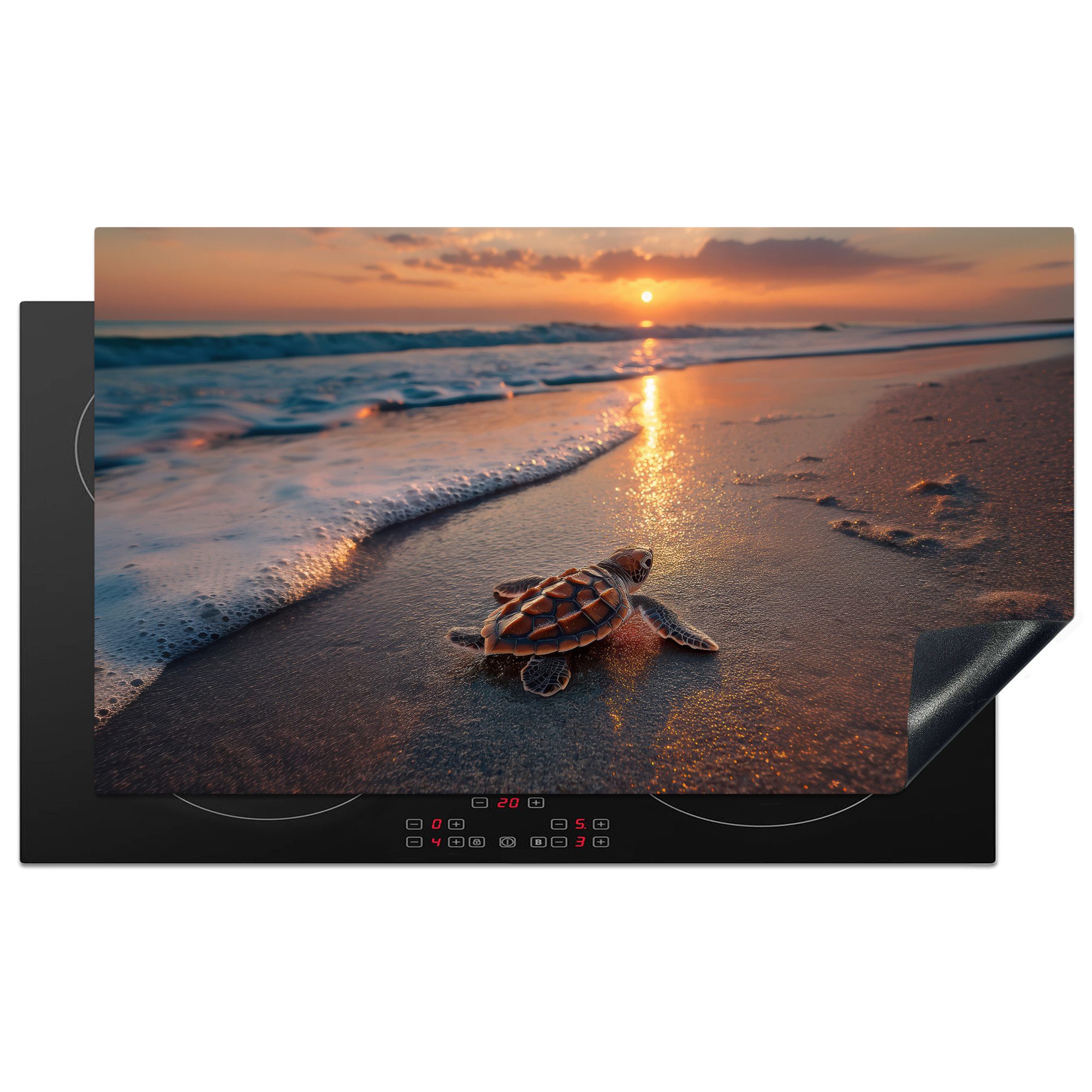 MuchoWow Herd-Abdeckplatte Schildkröte - Strand - Sonnenuntergang, Vinyl, (1 tlg), Herdabdeckplatten für Ceranfeld, Induktionsschutz, 90x52 cm