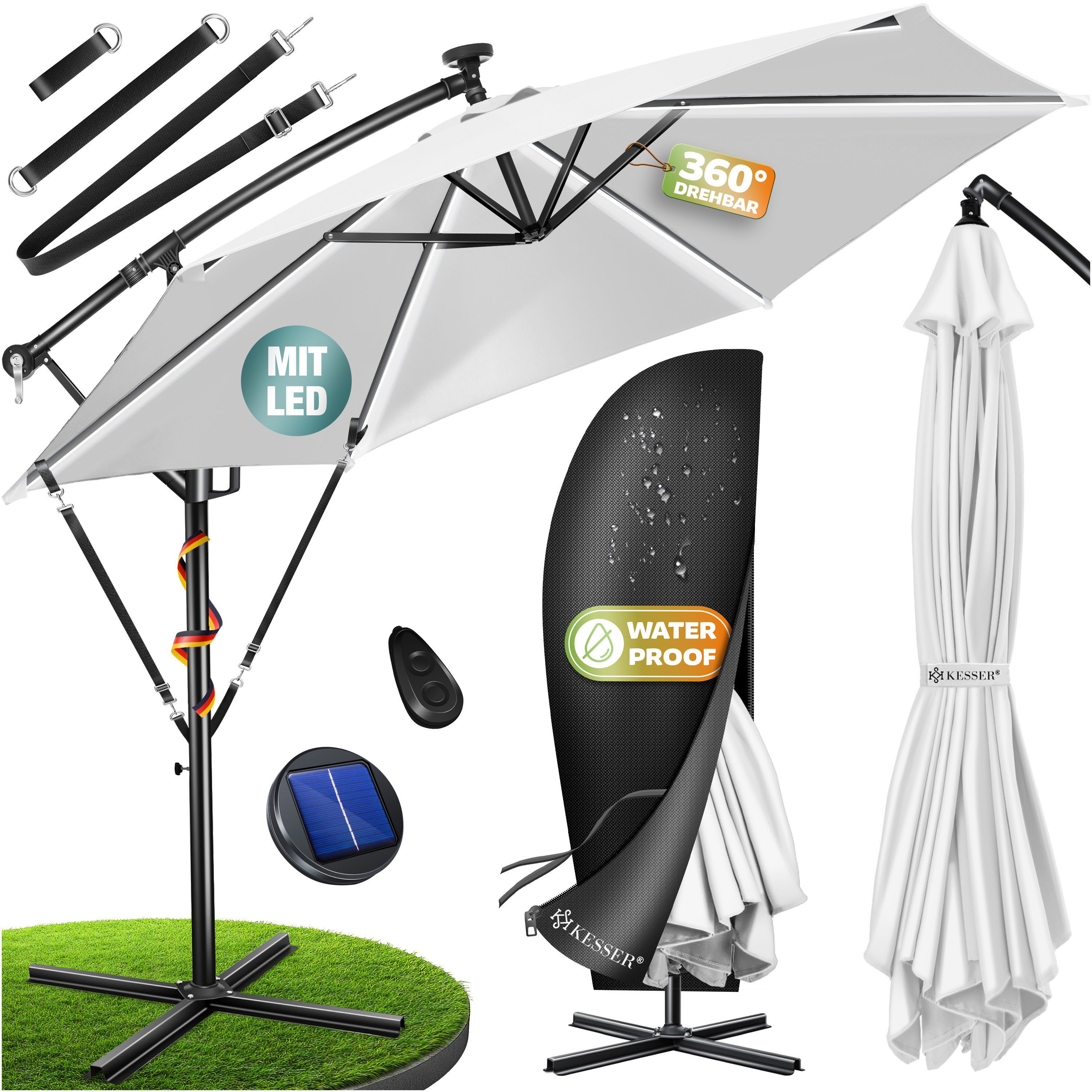 KESSER Ampelschirm ⌀300cm Alu Sonnenschirm mit LED Solar Inkl. Abdeckung & Fernbedienung, Kurbelschirm mit Ständer Wasserabweisend, 360° Funktion & UV-Schutz