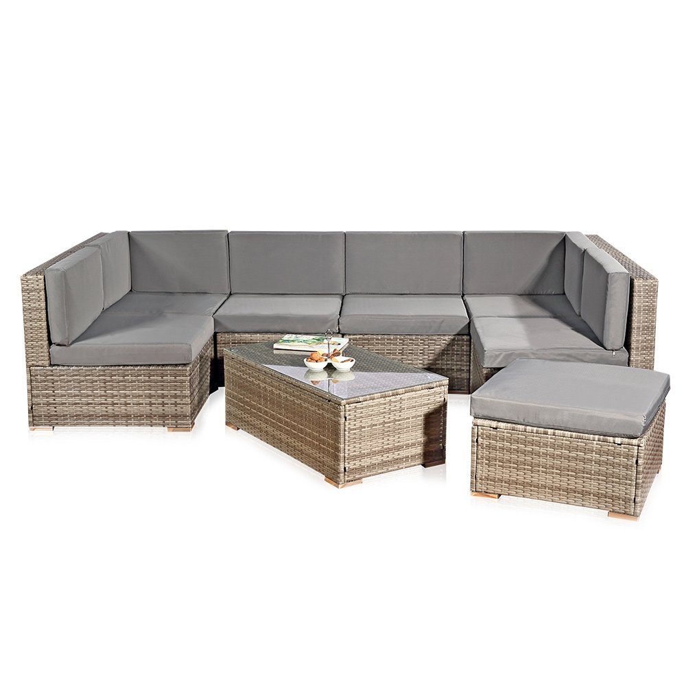 Feel2Home Gartenlounge-Set Gartensitzgruppe Terrassenmöbel Polyrattan Lounge versch. Farben, (8-tlg., 1x Mehrteiliger Sofa 1x Ottomane 1x Tisch), Kissen inkl. Reißverschluss daher abnehm- und waschbar