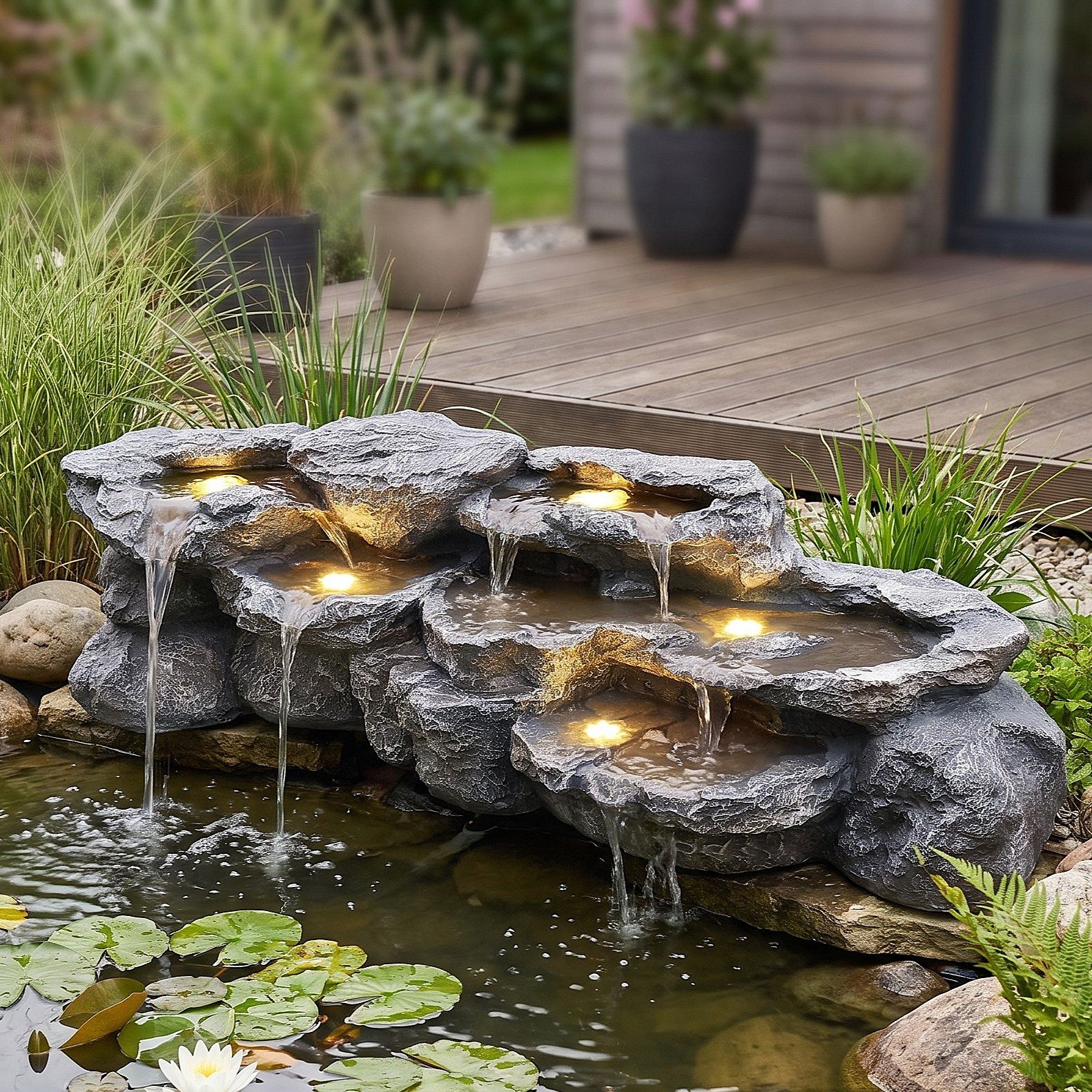 Arnusa Gartenbrunnen großer Teichwasserfall Wasserfall Felsen Kunststein mit LED und Pumpe, 109 cm Breite, Teichdekoration Springbrunnen Wasserspiel XL