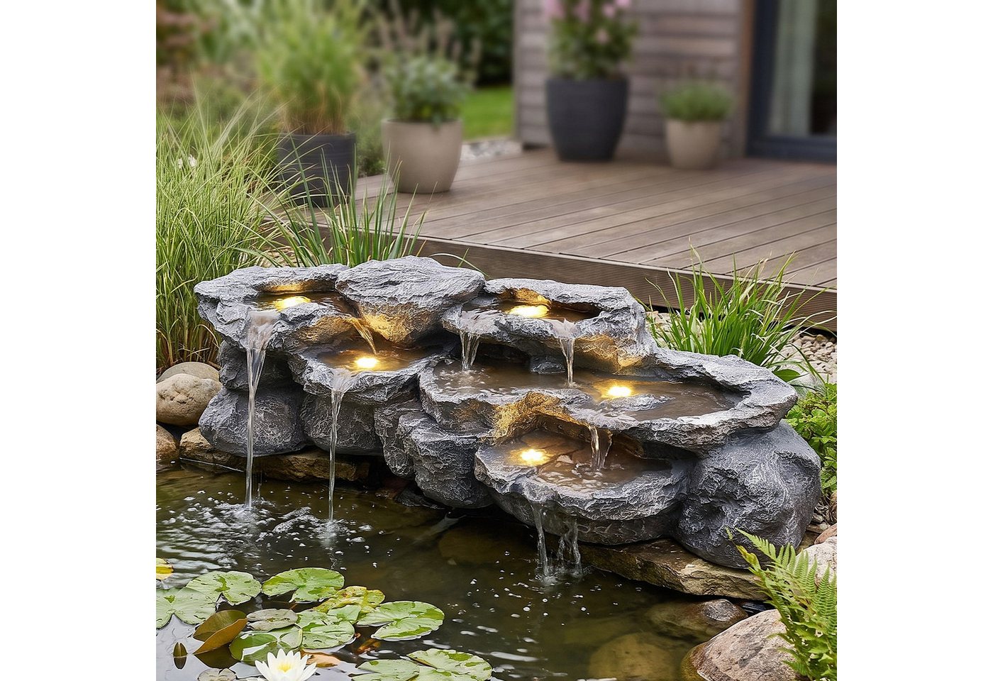 Arnusa Gartenbrunnen großer Teichwasserfall Wasserfall Felsen Kunststein mit LED und Pumpe, 109 cm Breite, Teichdekoration Springbrunnen Wasserspiel XL