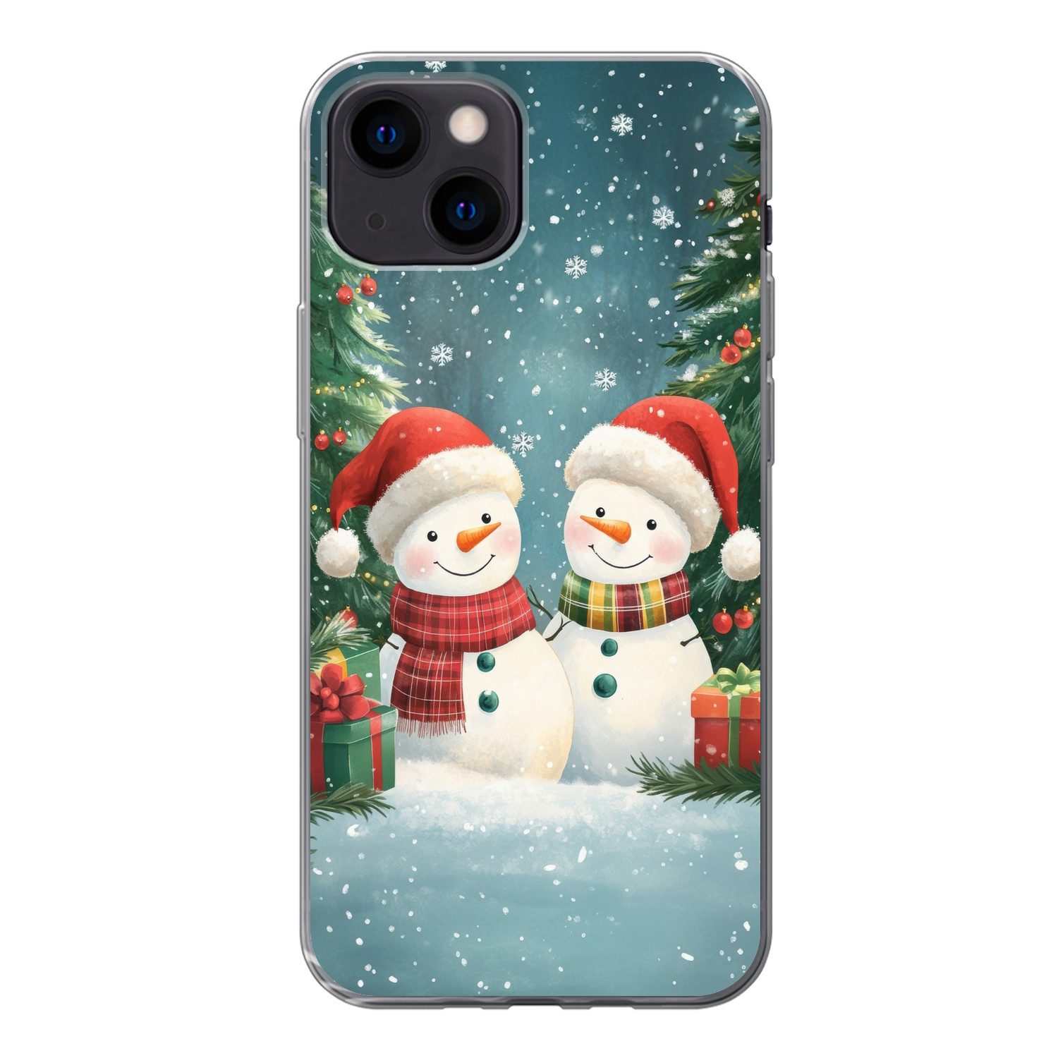 MuchoWow Handyhülle für Apple iPhone 13 mini Schneemann - Weihnachtsschnee - Grün - Rot, Smartphone-Bumper, Print, Handy Schutzhülle Dünn