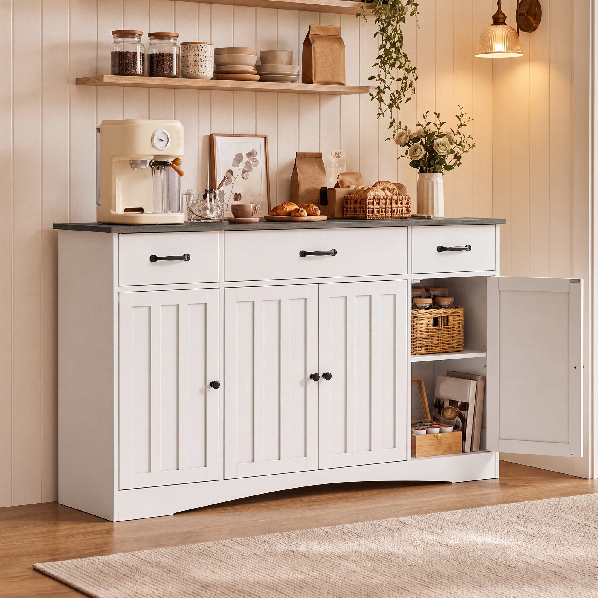 Blishom Buffet Sideboard Kommode Küchenschrank mit 4 Türen und 3 Schubladen Buffetschrank, Anrichte, verstellbare Böden, Landhaus-Design – Bild 3 von 5