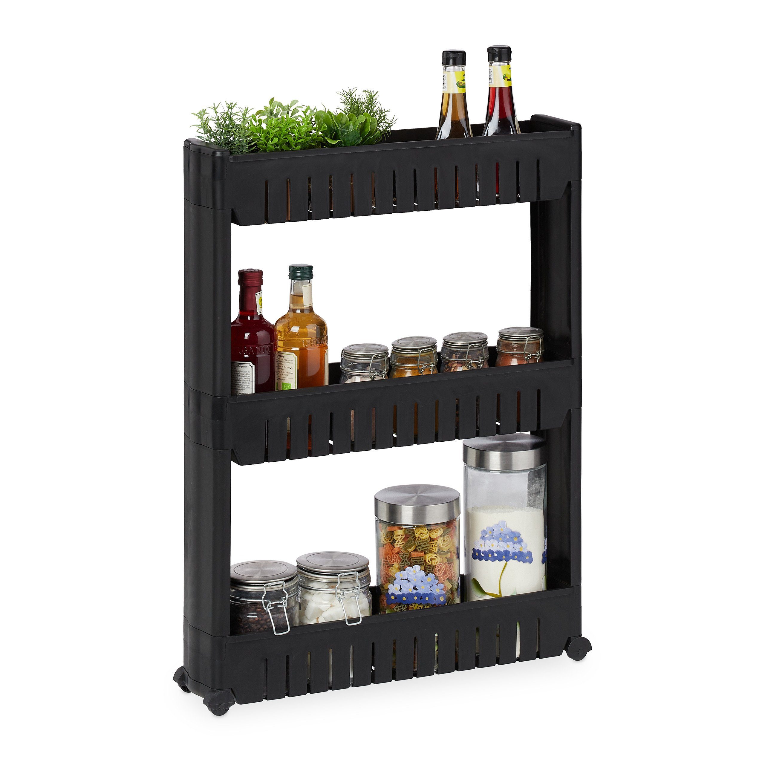 relaxdays Küchenregal Schmaler Nischenwagen mit 3 Ablagen, schwarz günstig online kaufen