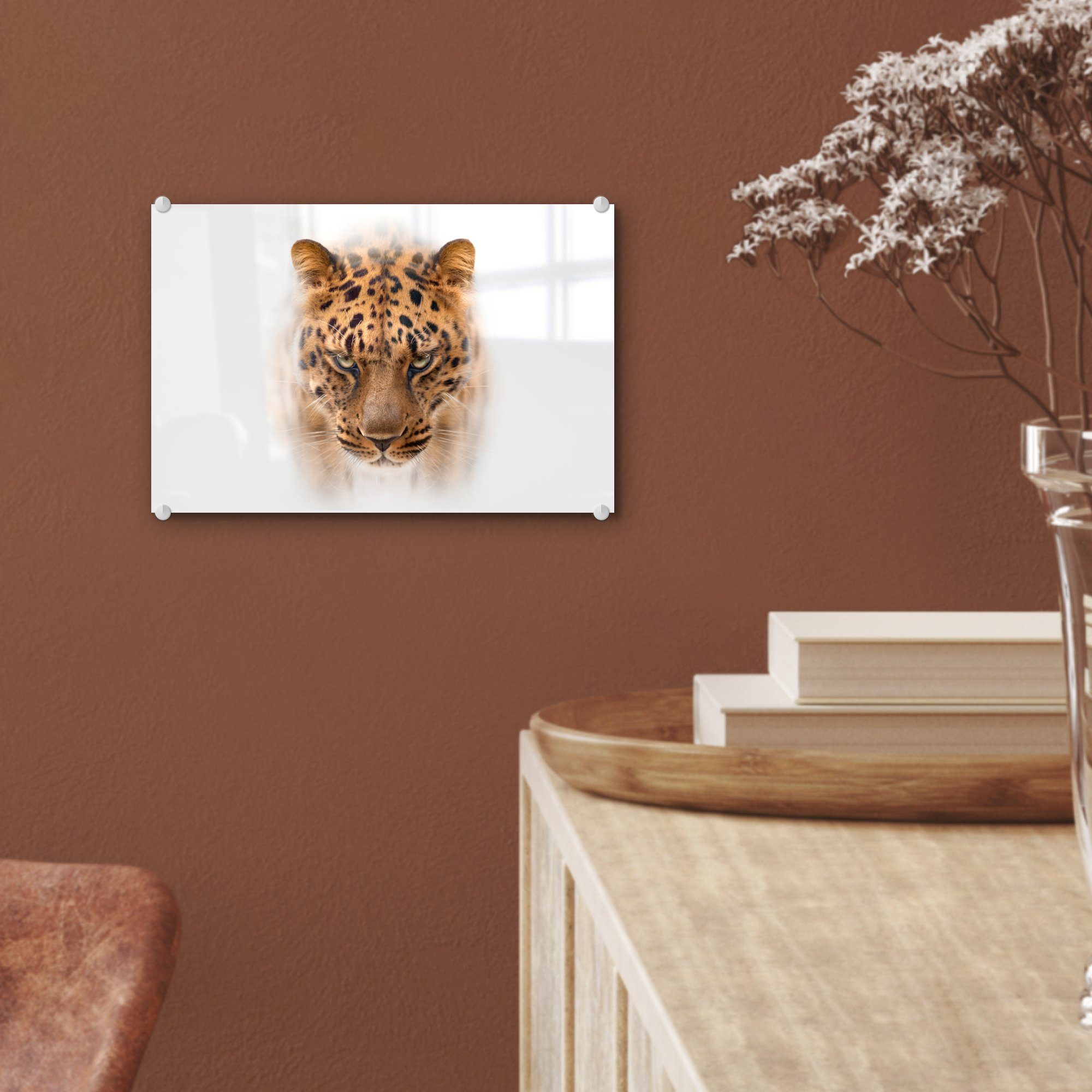 MuchoWow Acrylglasbild Leopard - - Wanddekoration Foto - Glas Wandbild auf - (1 Glasbilder auf - Glas Weiß Bilder Gesicht, St)