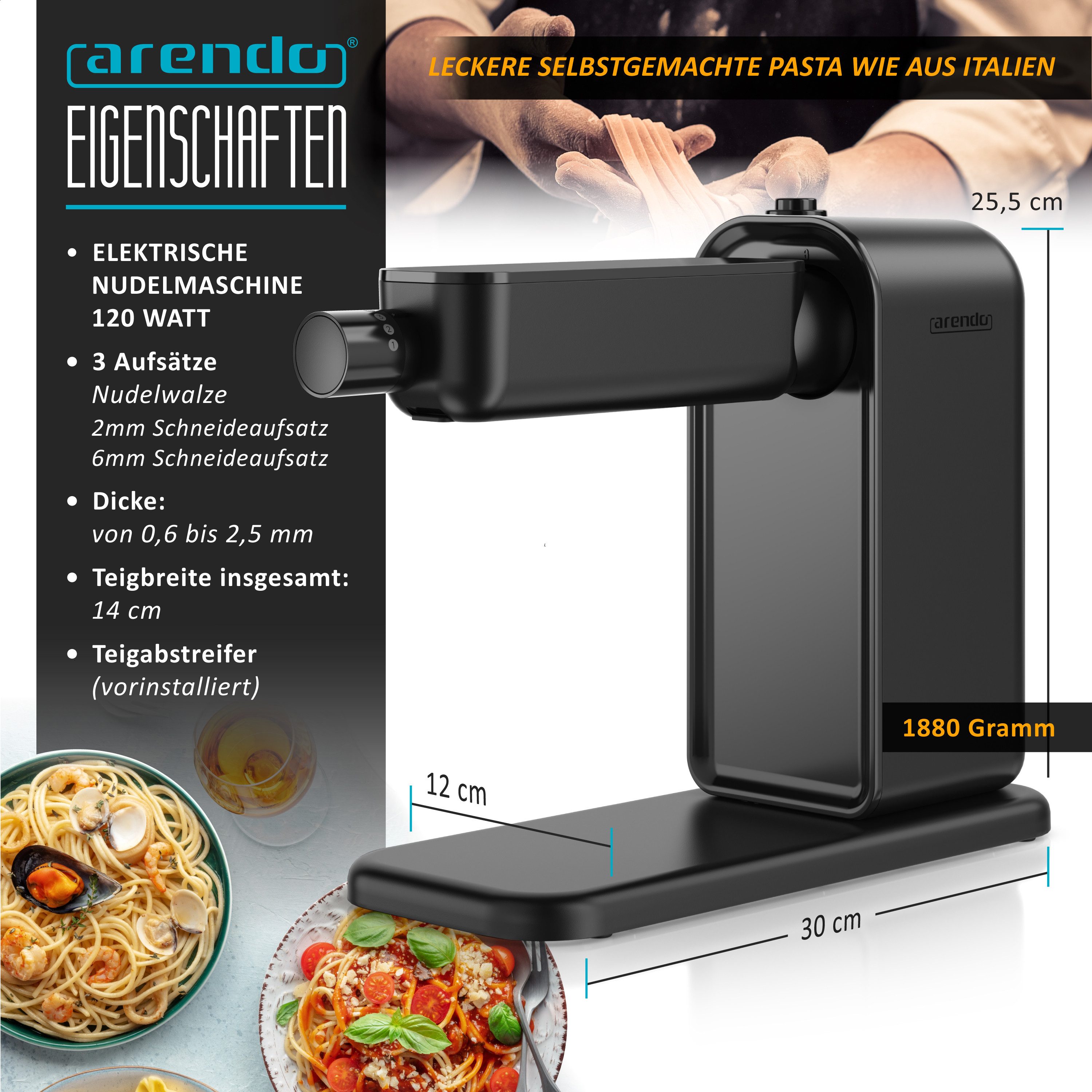Arendo Nudelmaschine Elektrische Nudelmaschine, Pasta Maker, 5 Stärken einstellbar, 120 W, Nudelwalze und 2x Pasta-Schneideinsätze 2 mm und 6 mm, Knetmaschine