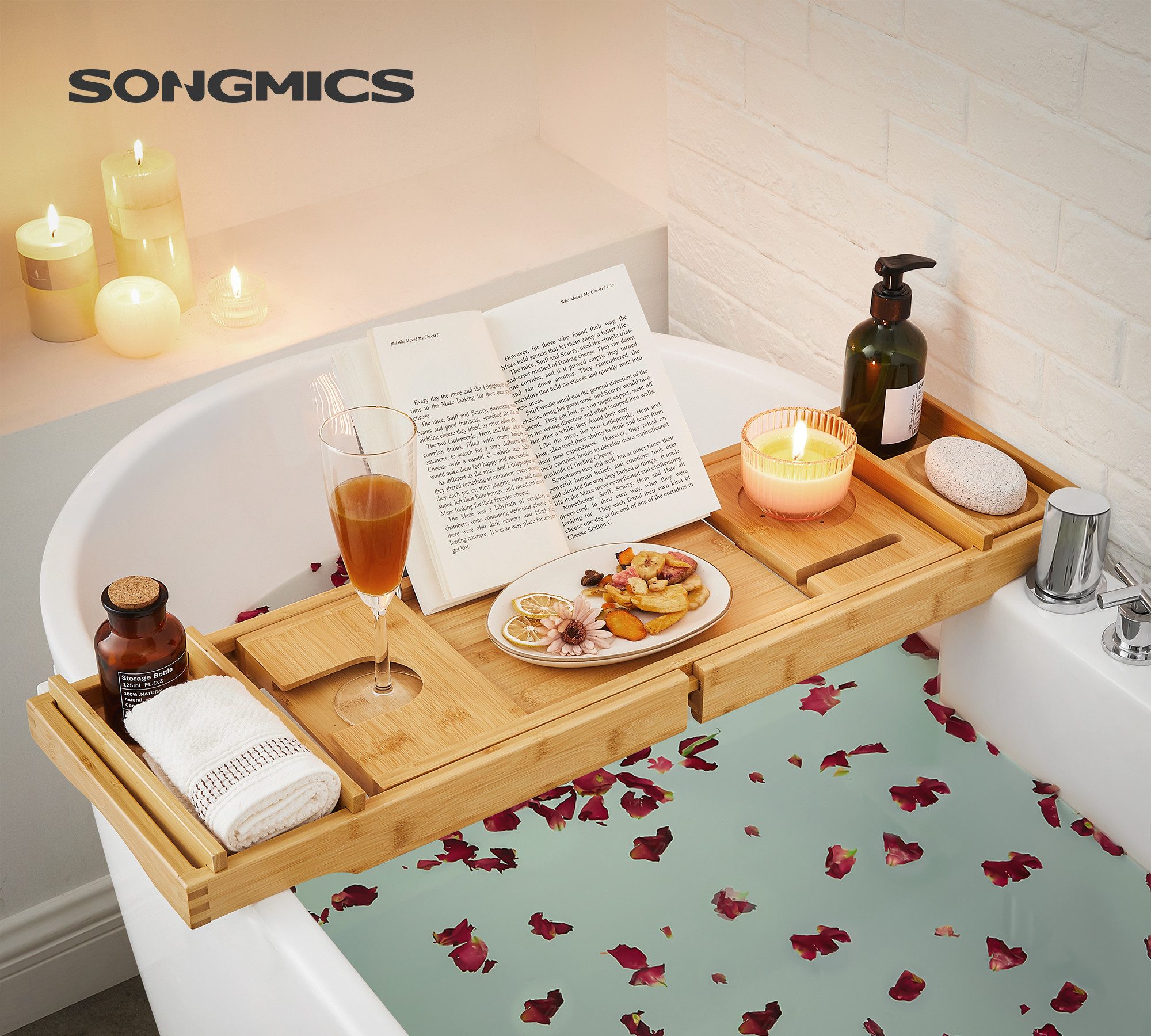 SONGMICS Badewannenablage Badewannen Ablagen, verstellbar, mit Getränkehalter, Buchstütze, Seifenhalter – Bild 4 von 5