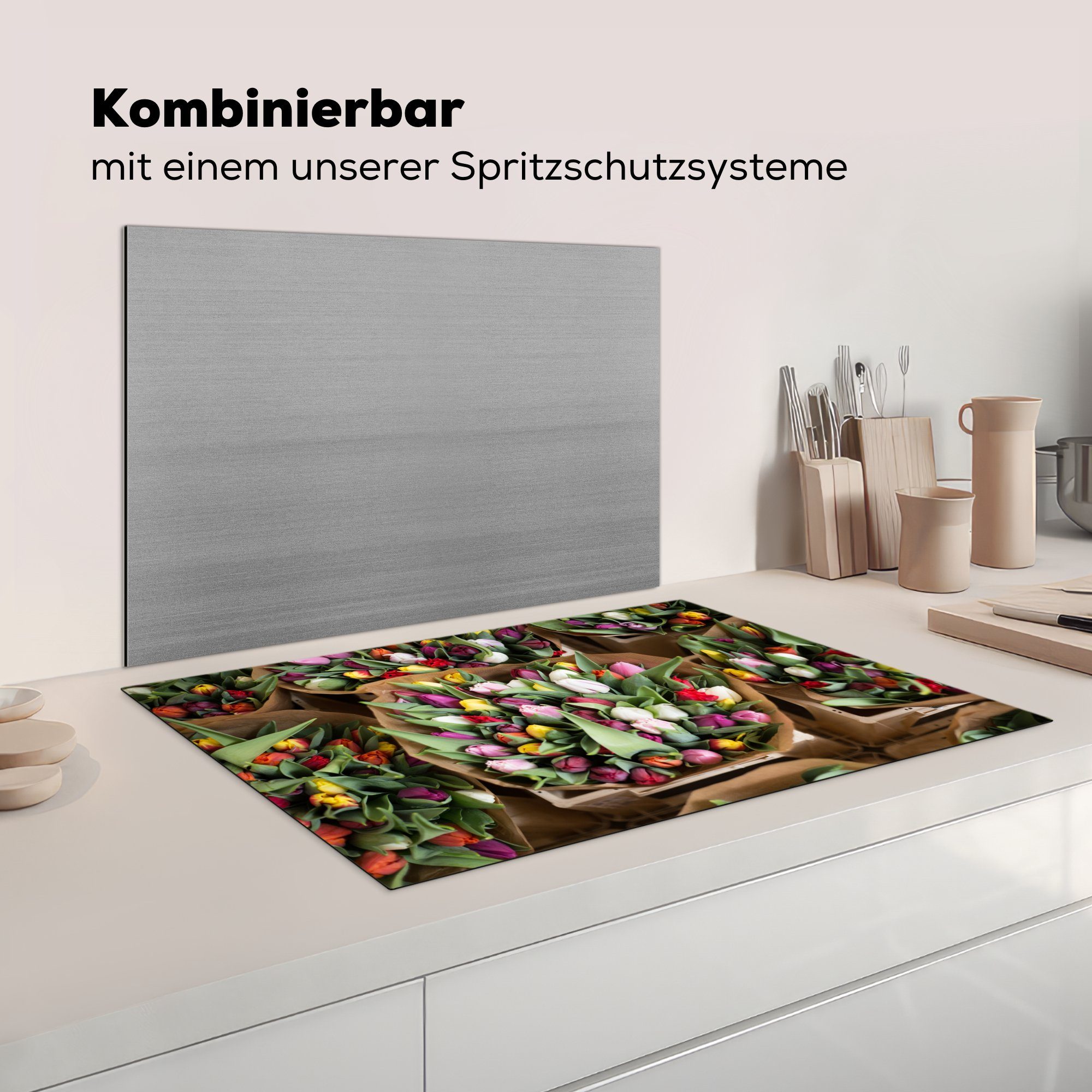 Herdblende-/Abdeckplatte Ceranfeldabdeckung MuchoWow cm, - 81x52 küche, (1 Strauß, für tlg), Blumen - die Vinyl, Tulpen Induktionskochfeld Schutz