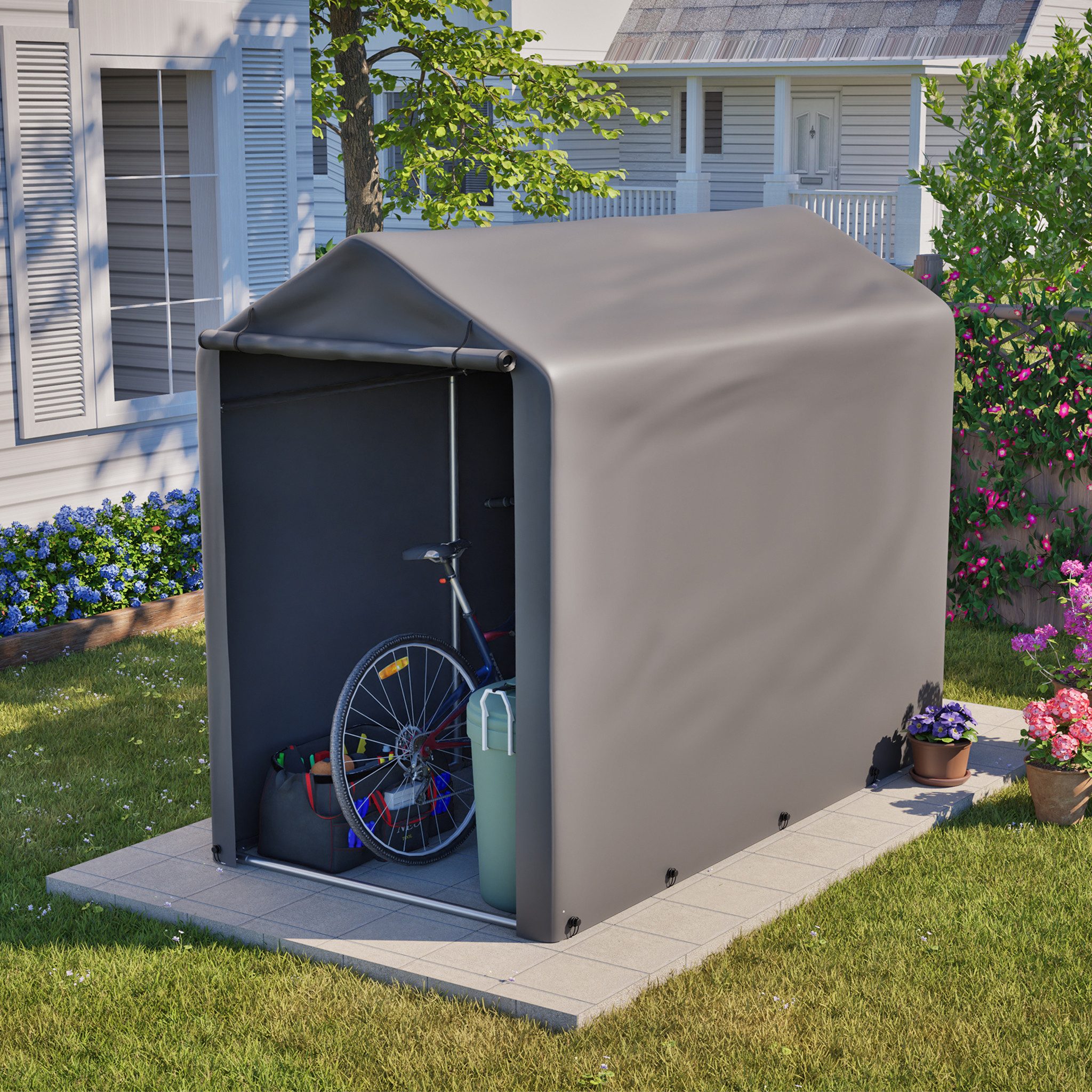 CHICFURN Gerätehaus Fahrradgarage Gartenschuppen-Zelt mit Stahlgestell für Garten, BxT: 160,00x187,00 cm, (Packung, 1 St), Für Fahrrad, Gartengeräte & Zubehör 187x100x160 cm Dunkelgrau