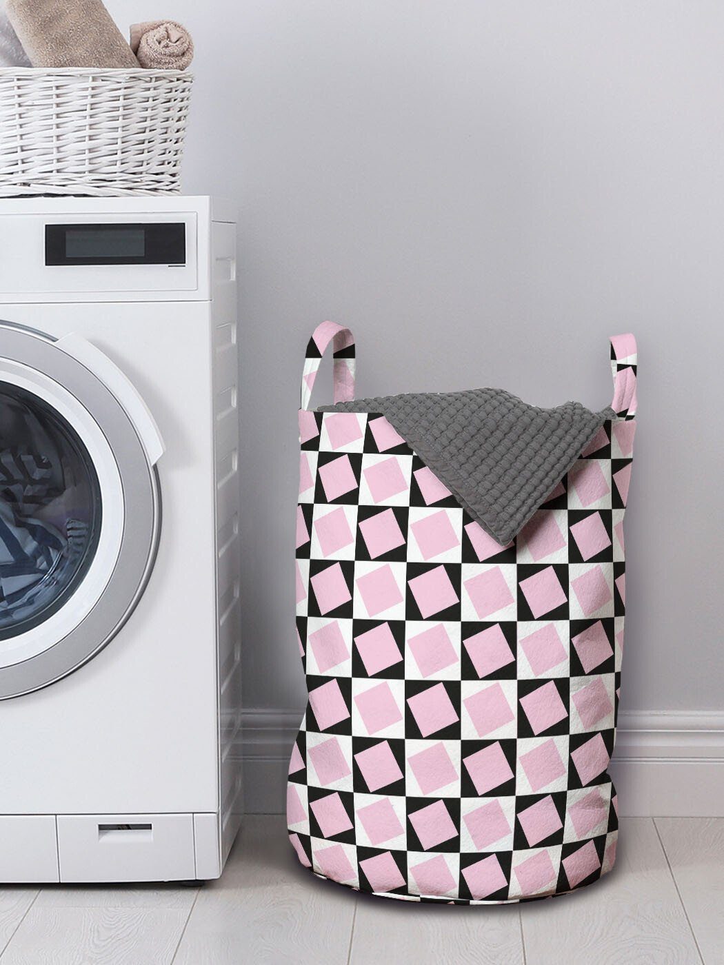 Kreative Kordelzugverschluss Griffen Geometrisch Squares Wäschesäckchen mit Wäschekorb Waschsalons, Abakuhaus Verschachtelte für