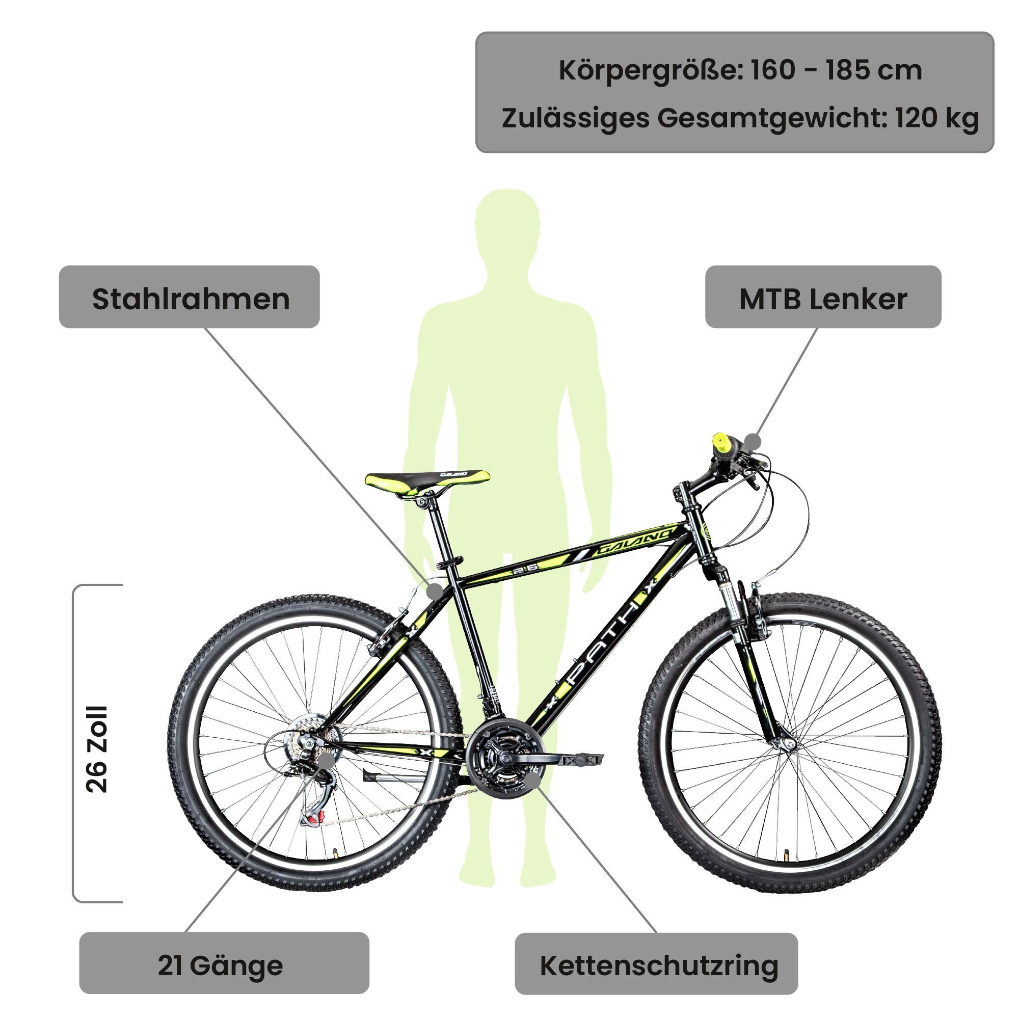 Jugendfahrrad Mountainbike MTB Hardtail schwarz/grün Path, Galano cm 21 160 ab Kettenschaltung, Fahrrad Mountainbike Gang,