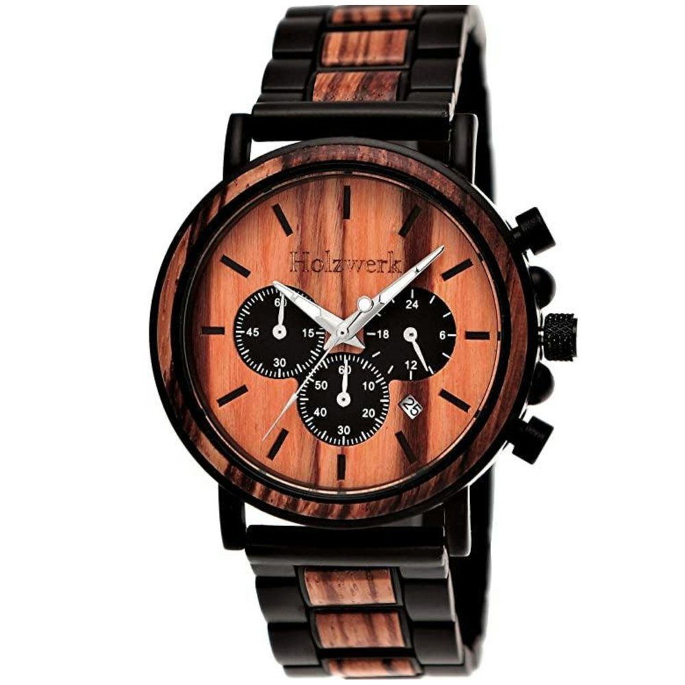 Chronograph Herren Designer Edelstahl & Holz Armband Uhr mit Datum