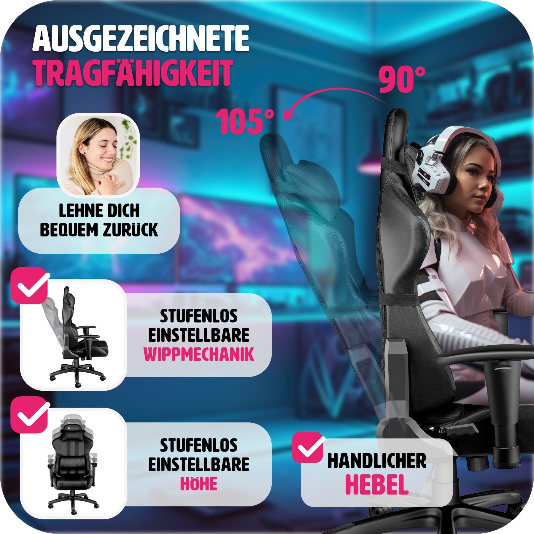 schwarz Racing Streifen bis tectake mit 1 Bürostuhl verstellbar (1er, Rückenlehne Gaming-Stuhl 105° Premium St),