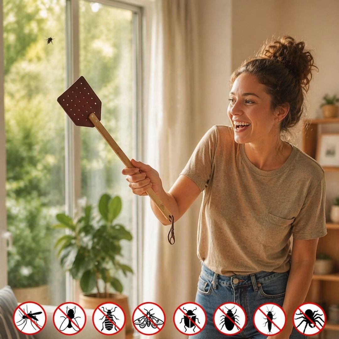 Topanbieter999 Fliegenklatsche mit Holzgriff extra lang 51 cm, Gelochtes Design für präzises Treffen