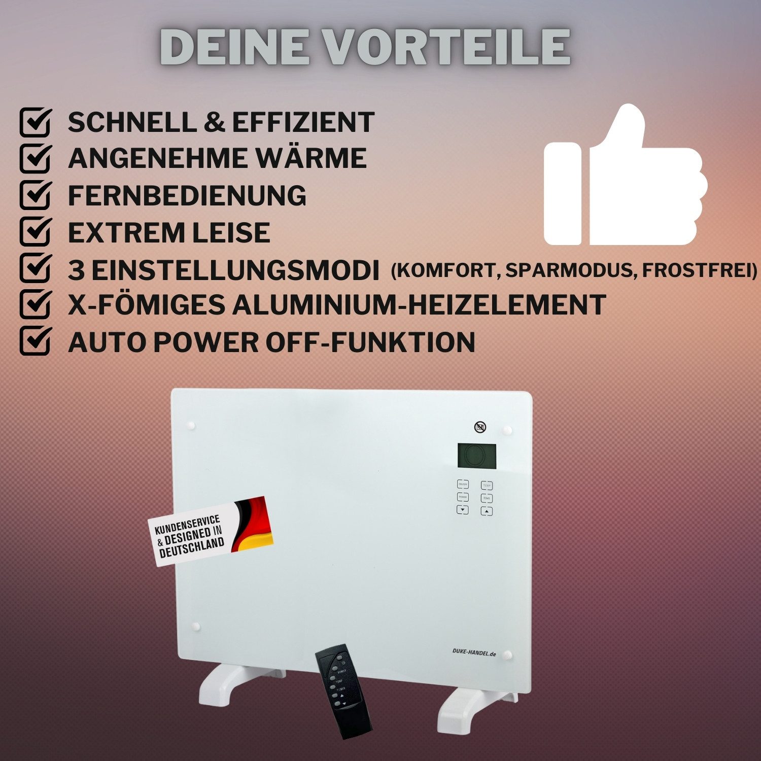 PROMAFIT Konvektor Elektroheizung Glas-Konvektor Mit LCD Display, 1500 W, Schnelle und effiziente Aufwärmung des Raumes, 2 Wärmeeinstellungen – Bild 3 von 5