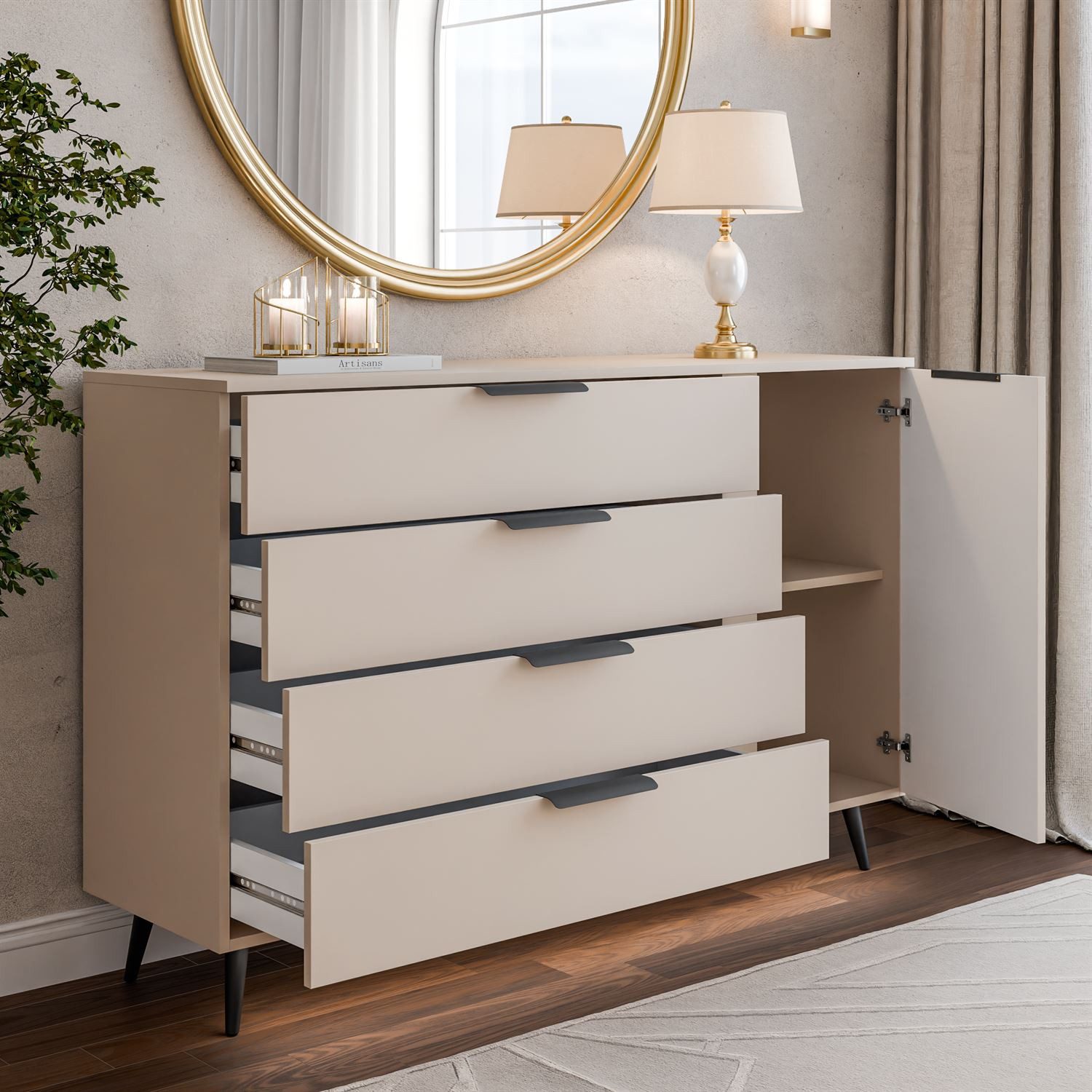 Lookway Kommode LINA KASCHMIR 1D4S mit LED Beleuchtung auf hohen Füßen, 138x90x40 cm – Bild 3 von 5