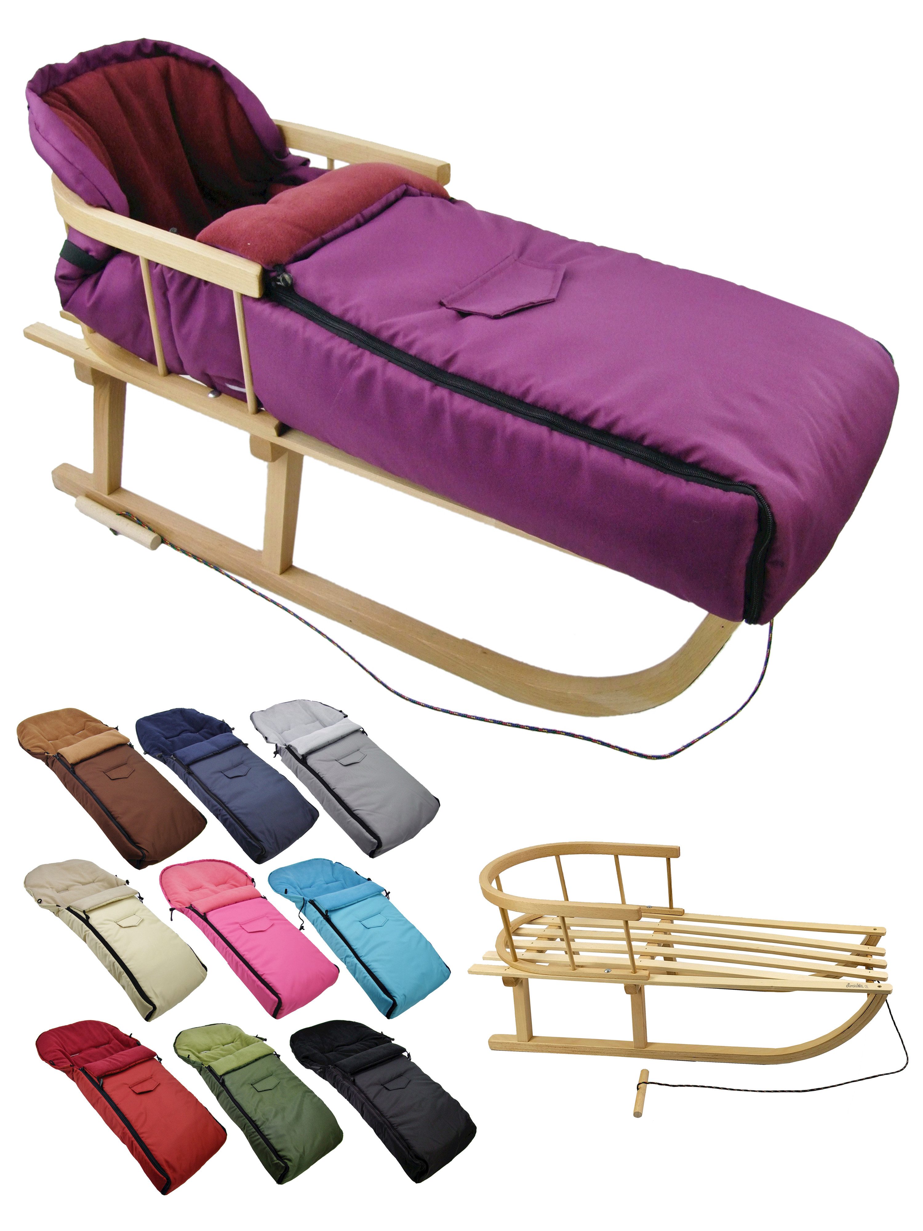 BambiniWelt by Rafael K. Davoser Санки CE-HOLZSCHLITTEN mit Rückenlehne Zugleine + WINTERFUßSACK Fleece 108cm
