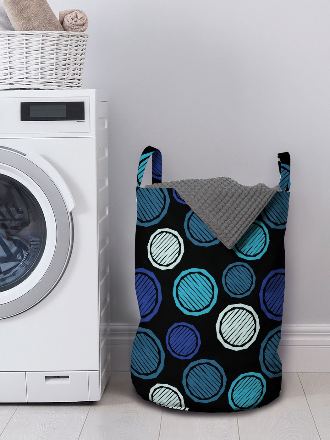 Abakuhaus Wäschesäckchen Wäschekorb mit Griffen Waschsalons, Abstrakt Runden blauen Tönen Schraffierte Kordelzugverschluss für
