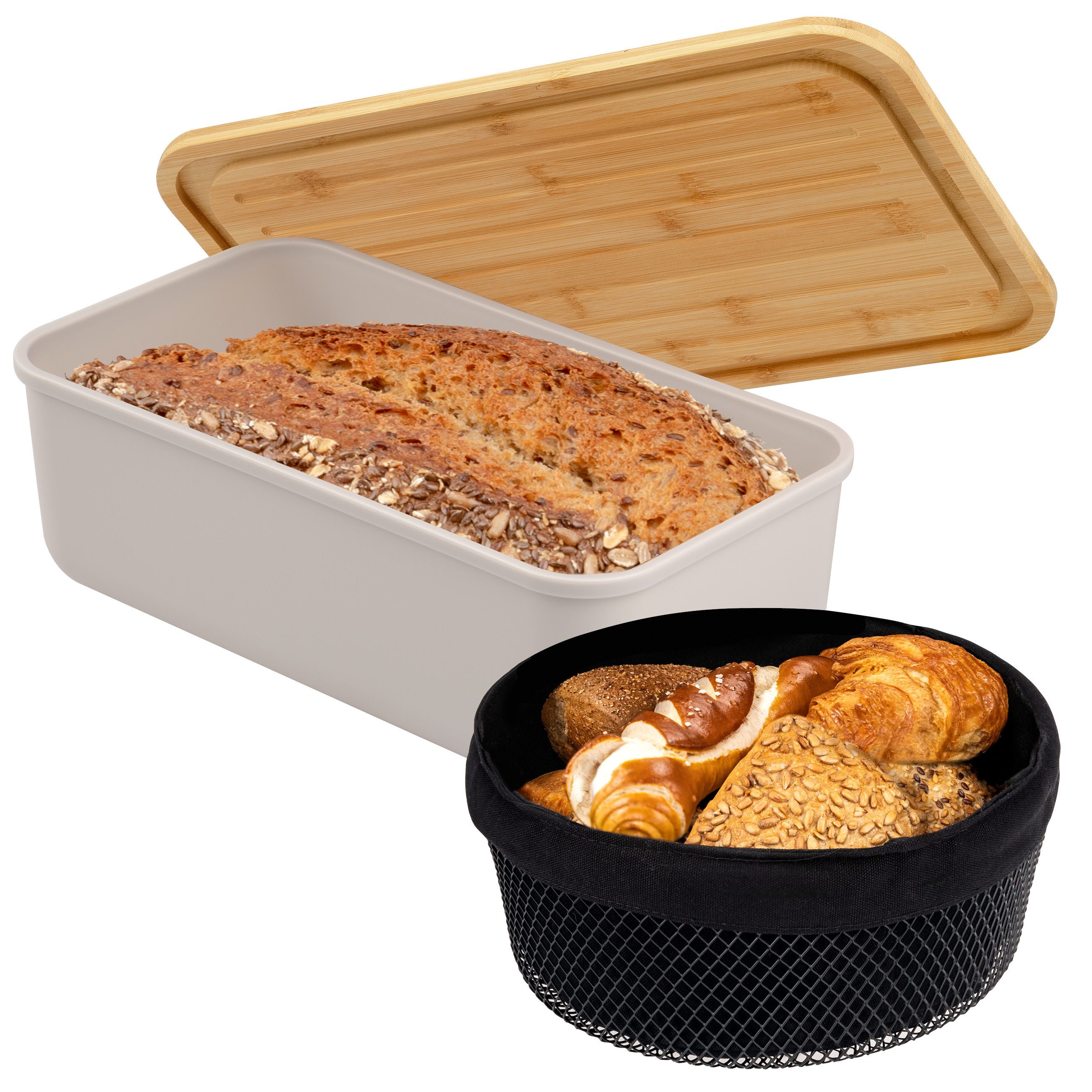 eluno Brotkasten 2tlg. Brotaufbewahrungs-Set (Kunststoff/Metall, hellgrau)