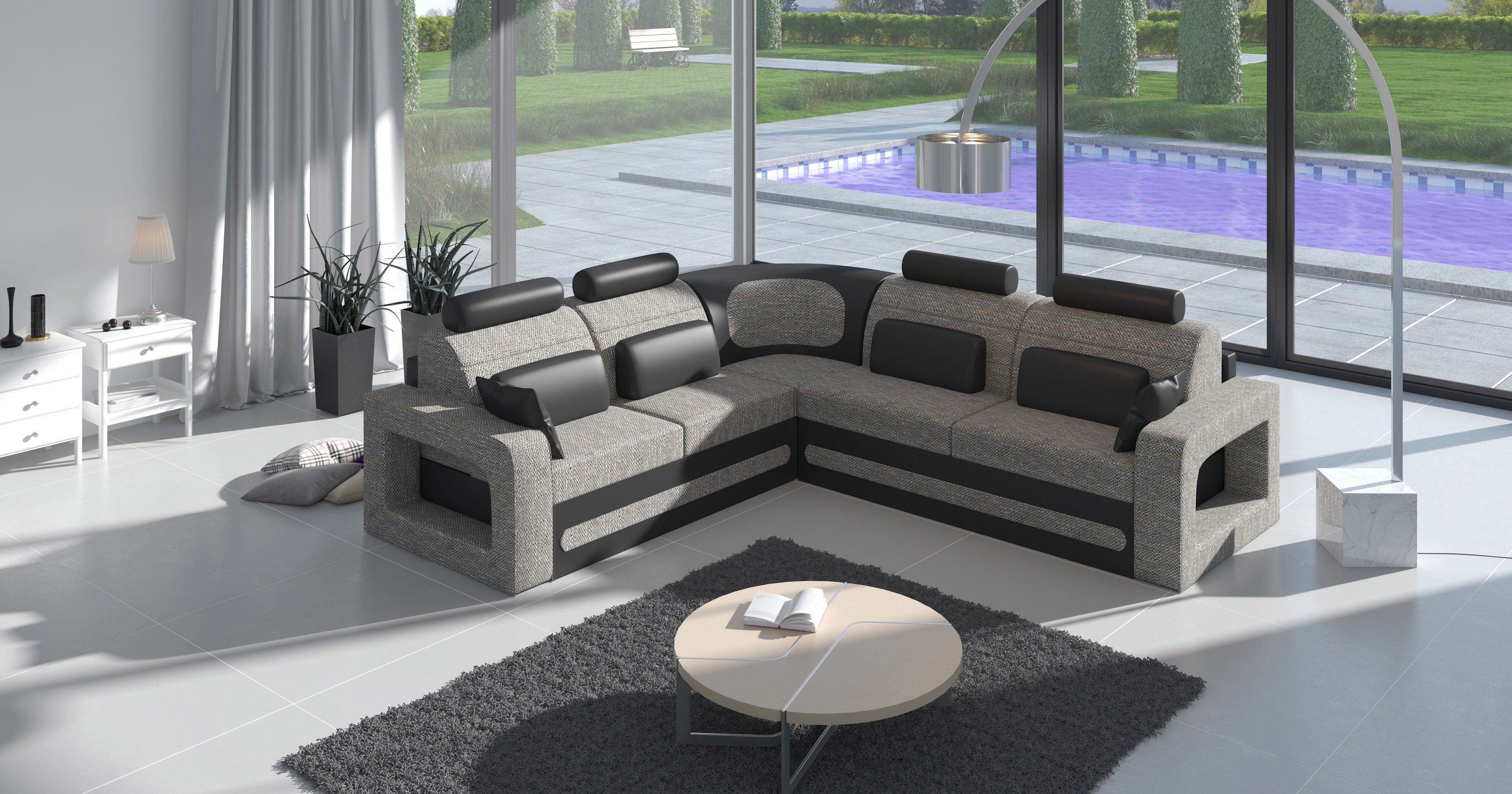 Sofa Couch JVmoebel Hellgrau/Schwarz Ecksofa, Leder Ecksofa Polster Bettfunktion Design Schlafsofa