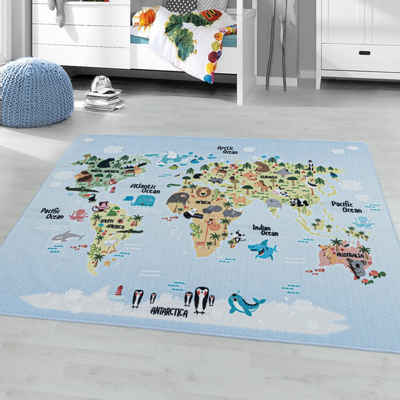 Kinderteppich, Homtex, 80 x 120 cm, Kinderteppich, Spielteppich, Weltkarte Mit Tieren, Blaue, 8 mm
