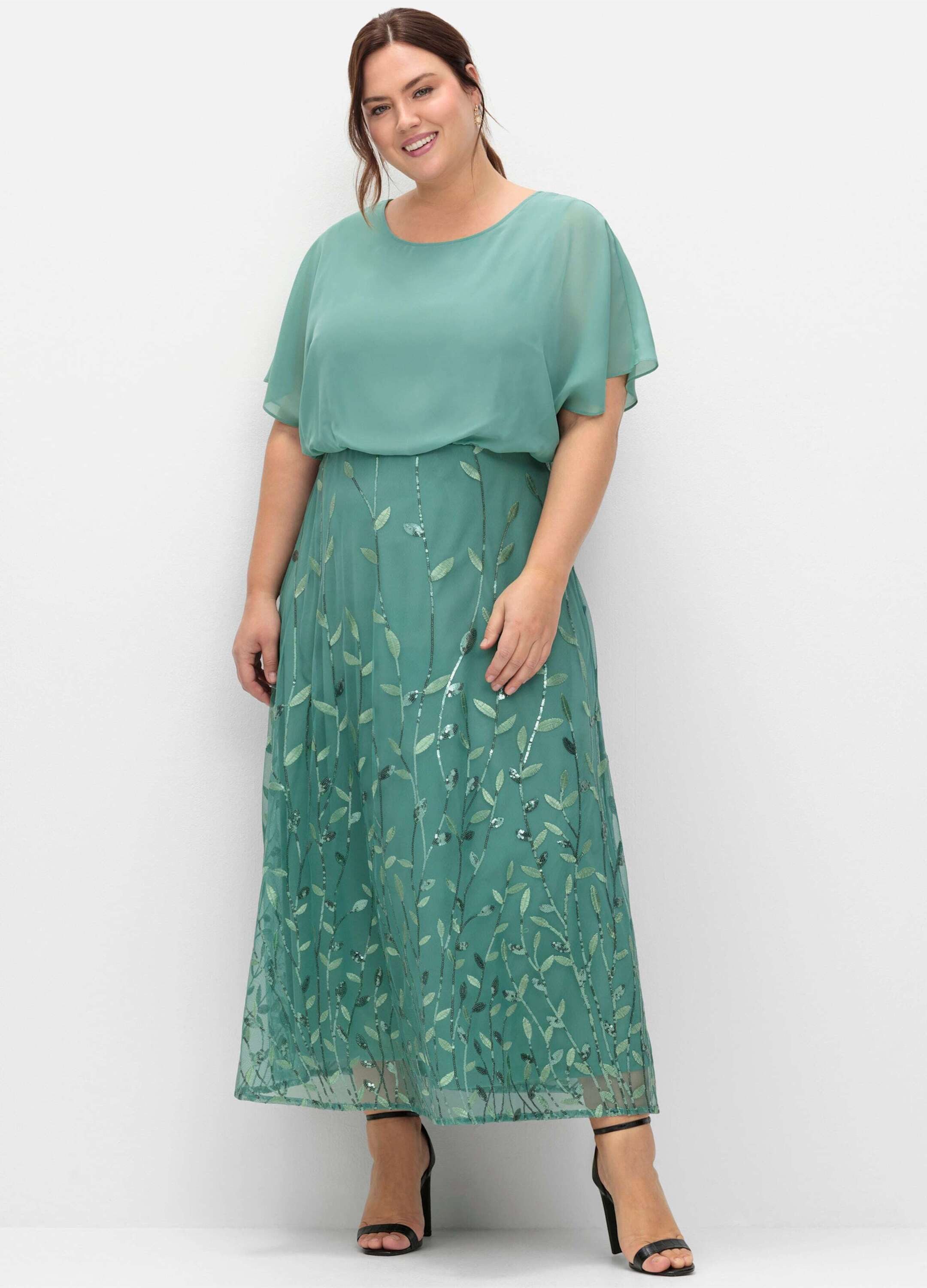 Sheego Etuikleid Abendkleid Kurzarm mit Stickereien und Pailletten am Rock
