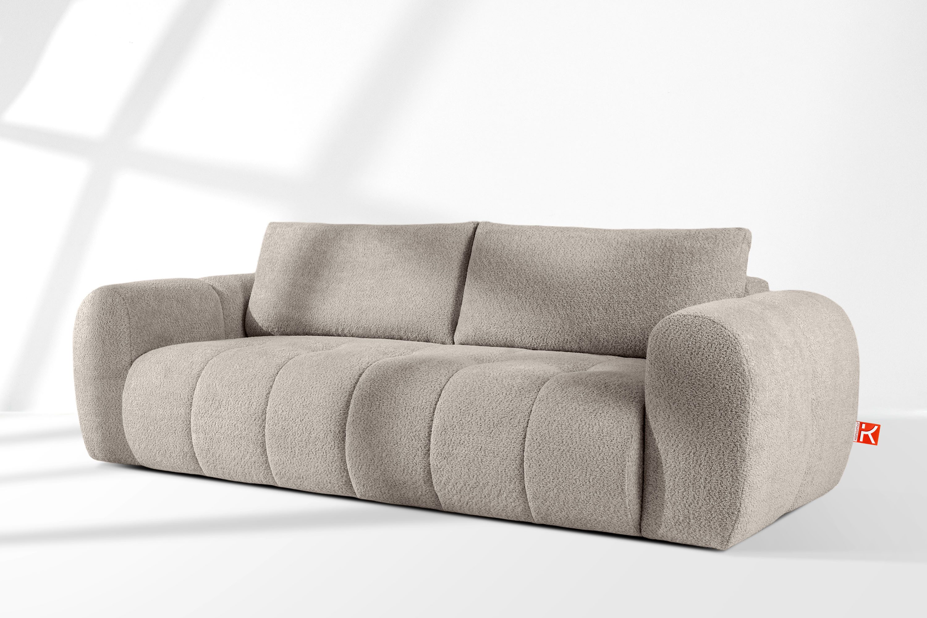 KONSIMO® 3-Sitzer Sofa LIRA, Schlafsofa, Einzelsofa, Premiumqualität aus EU, Modern, zwei Kissen, elastischer Sitz, Bouclé-Stoff, Mega große Liegefläche, mit Schlaffunktion, Bettkasten