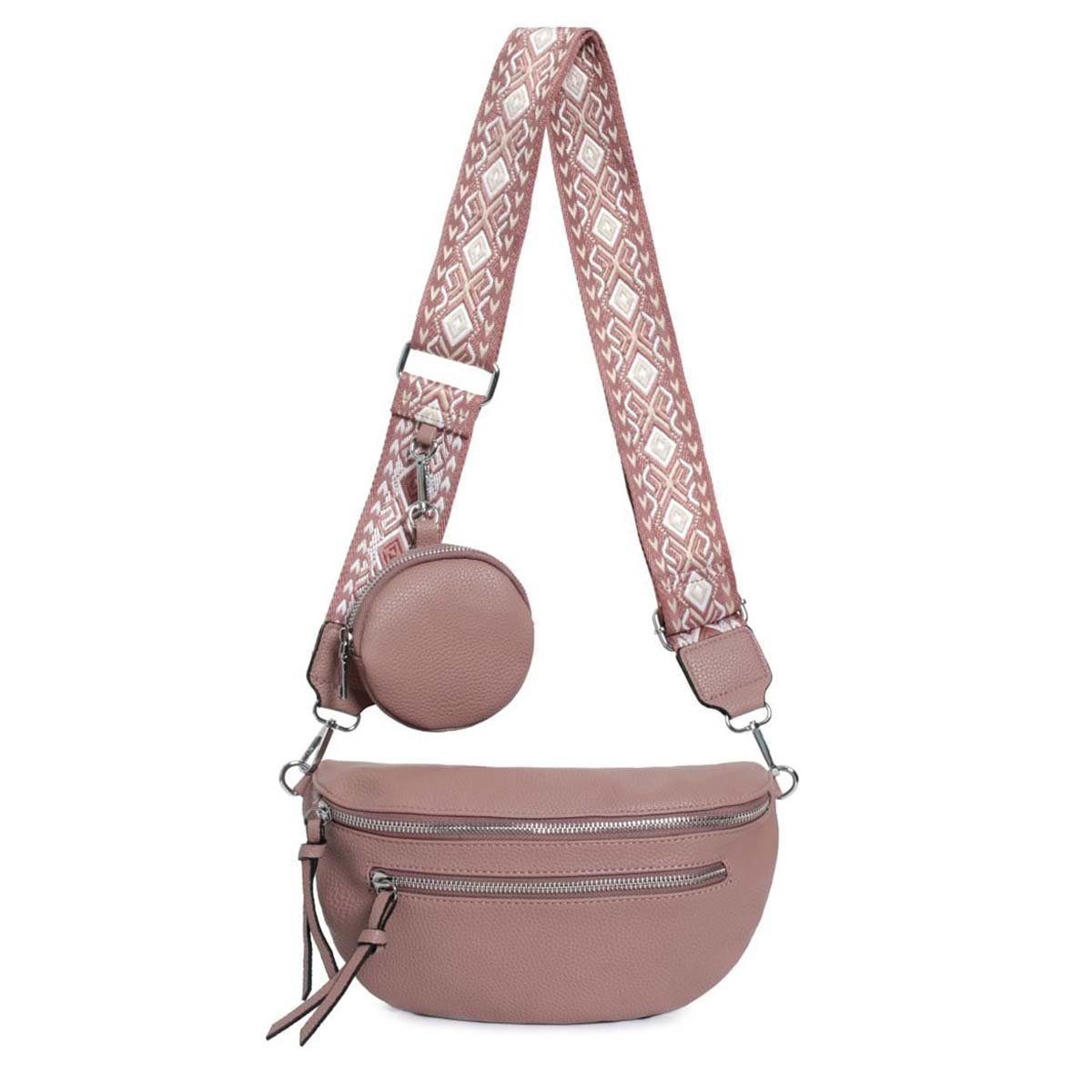 ITALYSHOP24 Bauchtasche Damen Brusttasche Crossover Umhängetasche CrossBody Bag Geldtasche (Spar-Set aus einer Tasche mit einem breitem Muster Stoffgurt/Umhängeband), Bodybag, Handytasche, Hüfttasche, Schultertasche, leicht Gewicht