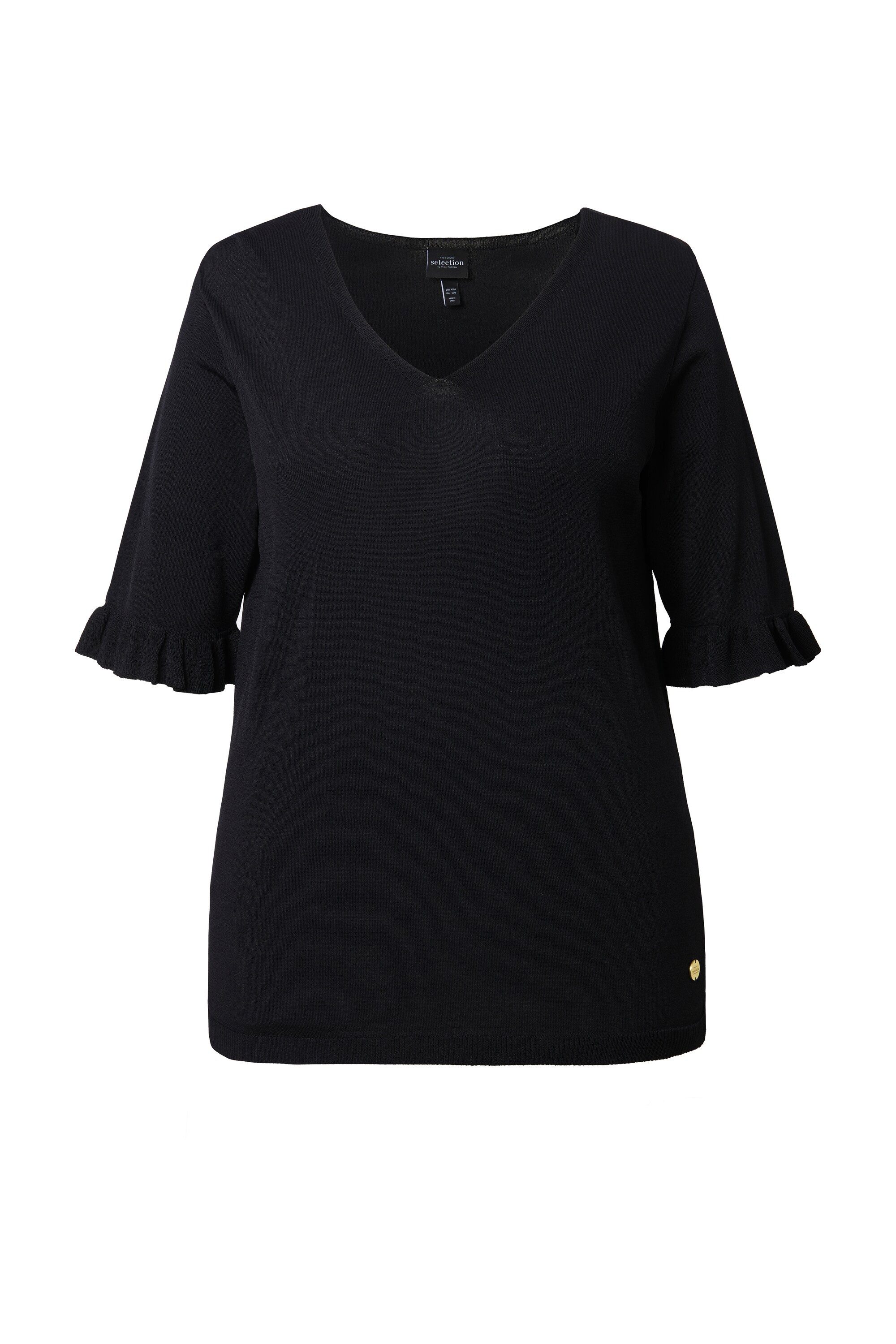 Ulla Popken Strickpullover Pullover V-Ausschnitt Rüschen-Halbarm günstig online kaufen