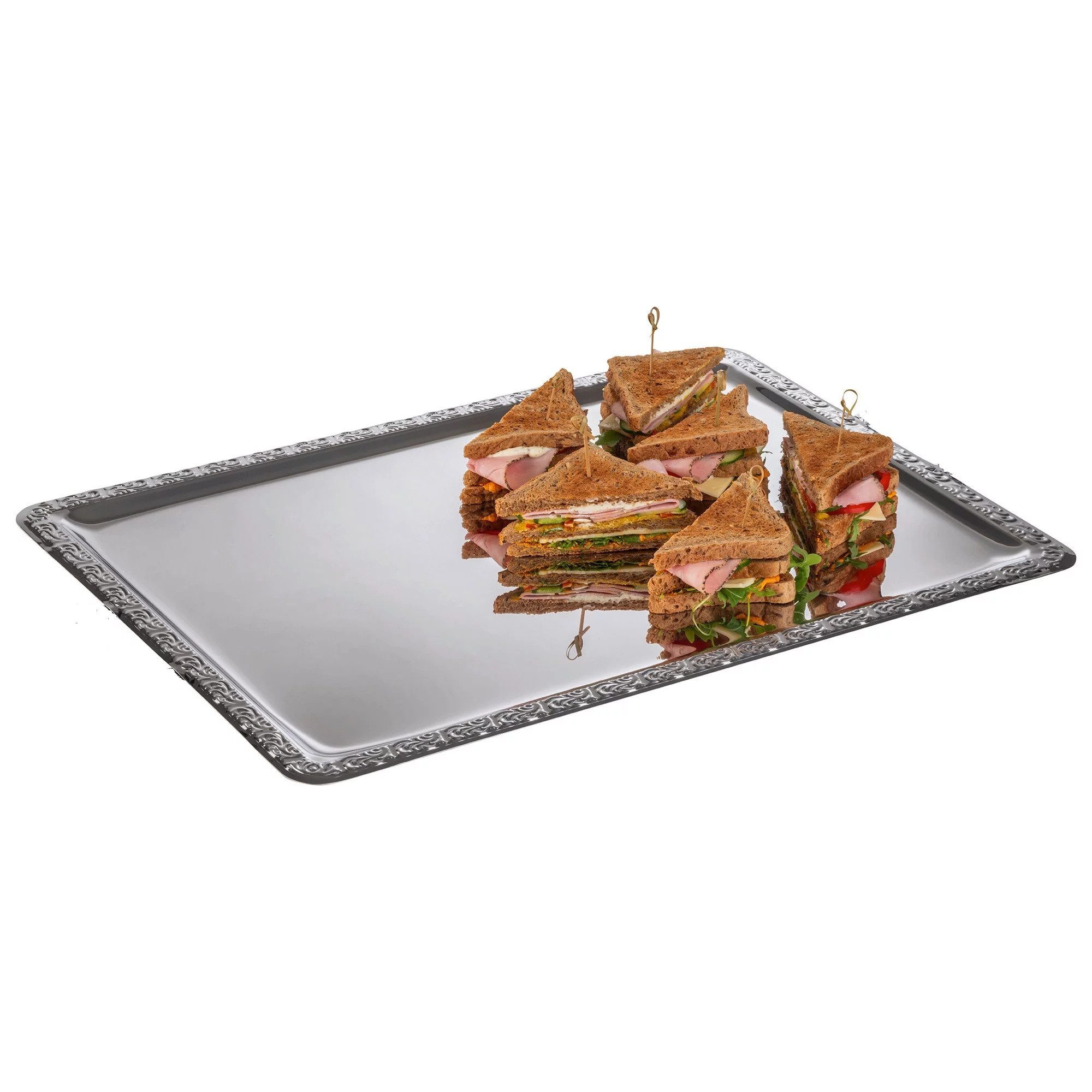 Assheuer & Pott Tablett Serviertablett "Schöner Essen" Edelstahl 18/10 mit Dekorrand, Edelstahl