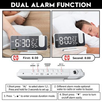 BlingBin Radiowecker mit Projektion Digital Dimmbar Tischuhr Dual Alarm Projektionswecker 12 / 24H USB-Anschluss