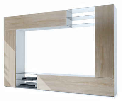 Vladon Wohnwand Mirage, (Anbauwand mit Rückwand mit 2 Türen, 4-St., 2 Klappen und 6 offenen Glasablagen), Weiß matt/Eiche sägerau (262 x 183 x 39 cm)