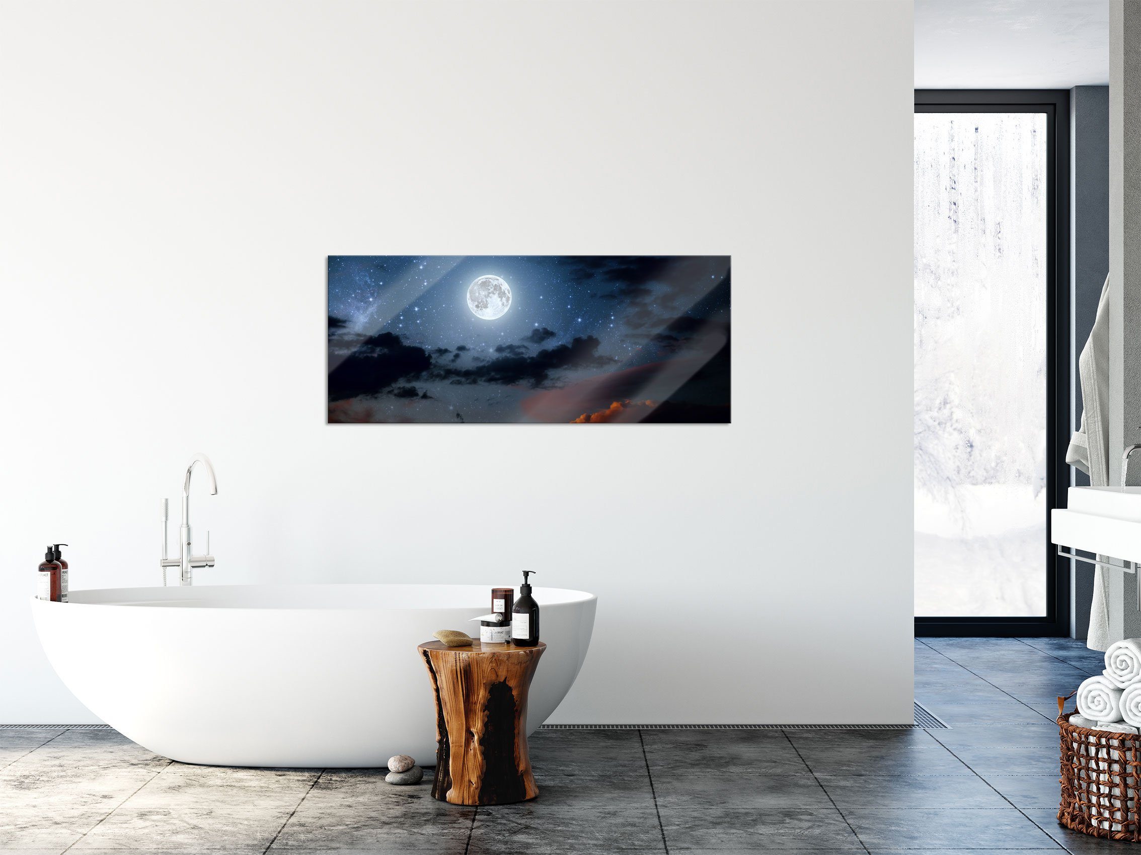 Pixxprint Glasbild Leuchtender Glasbild Leuchtender Mond Aufhängungen Nachthimmel, inkl. und aus Echtglas, Abstandshalter am am Nachthimmel Mond (1 St)