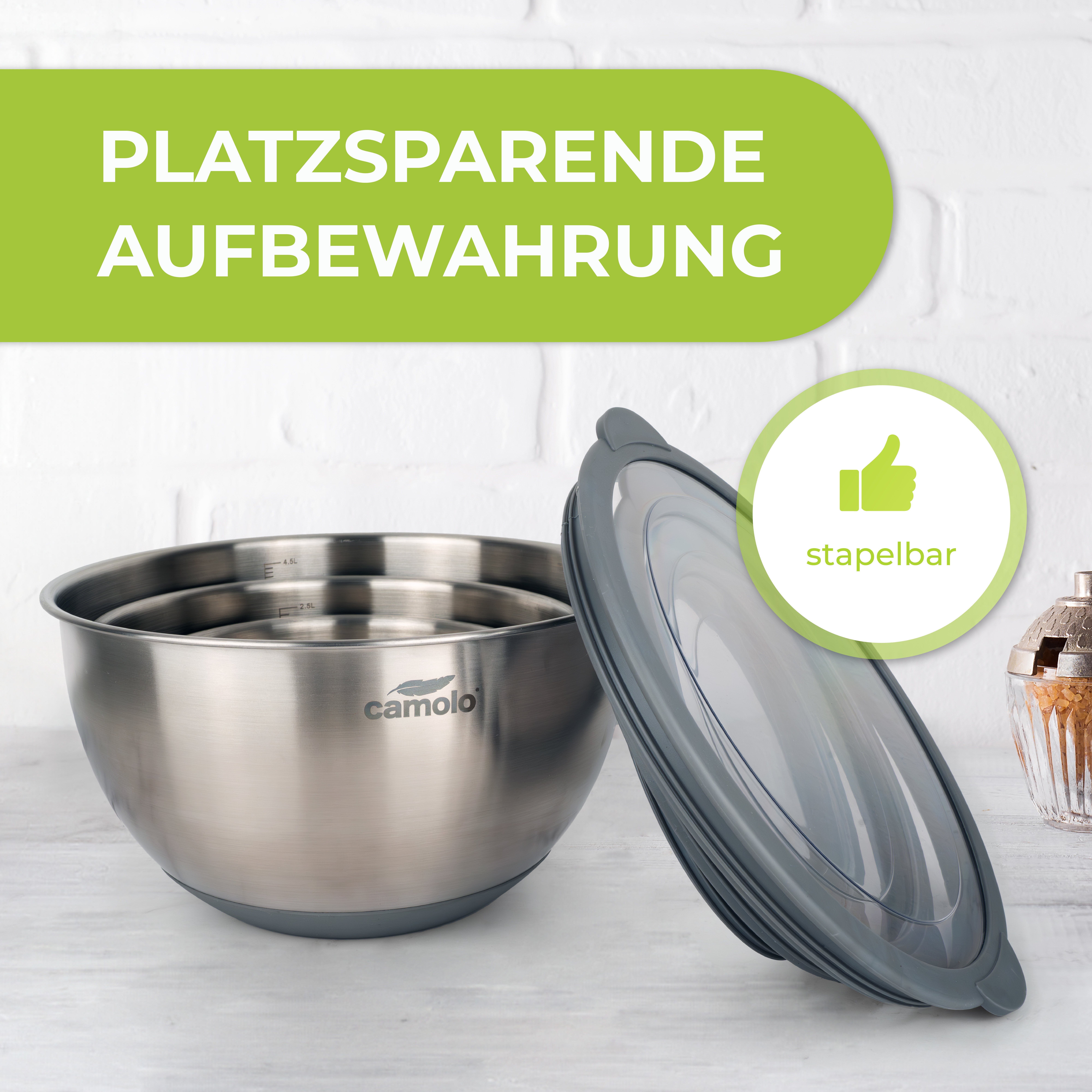 TeamFar Edelstahl-Rührschüsseln-Set – 5 Schalen Mit Deckeln & 3 Reiben, Stapelbar, Spülmaschinengeeignet