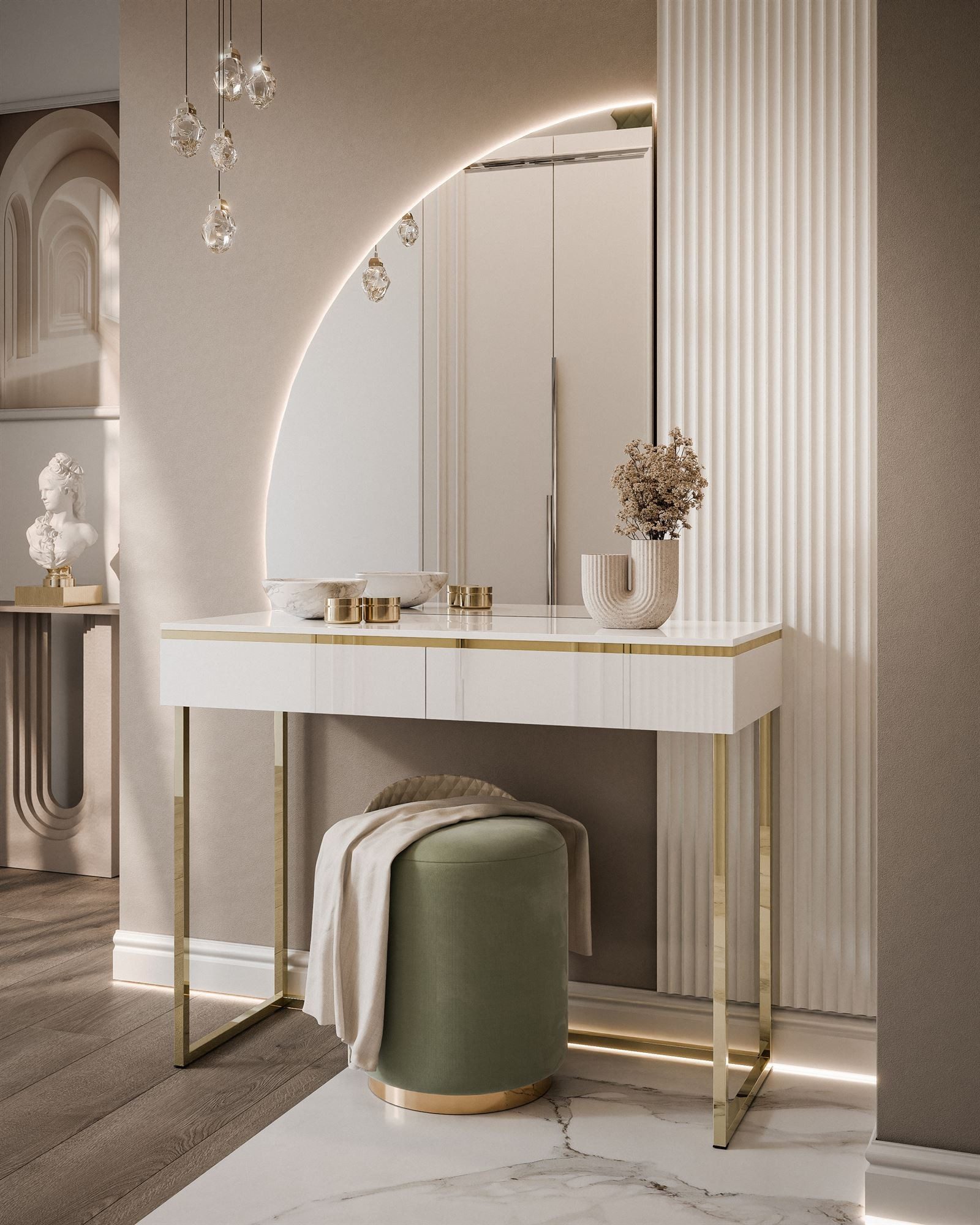 Schminktisch PEONY MOND GOLD Metallgestell weiß Hochglanz mit Spiegel Kosmetiktisch
