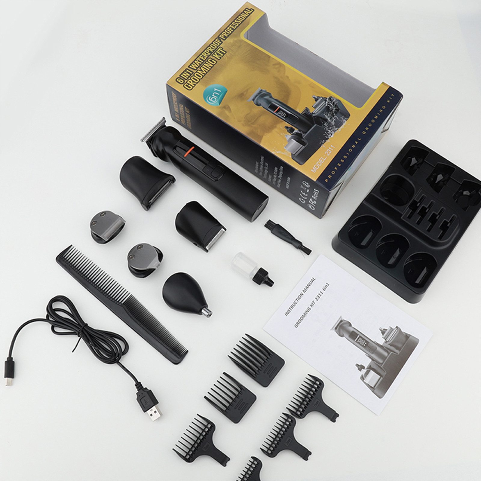 MODFU Haarschneider Profi 6-in-1 Bartschneider Set Herren mit LCD Display, Trimmer mit Edelstahlklingen Nasenhaartrimmer, 1200mAh Akku USB-Ladung leise hautfreundlich