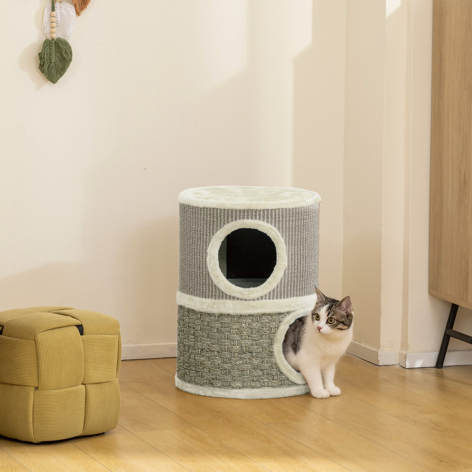 PawHut Kratztonne mit Plüschrand, Kratzmatte, 2 Höhle, (35,5 cm zweistöckige Katzentonne, 1-tlg., 49 cm hoch Kratzbaum), aus Sisal, für Katzen unter 4 kg, Khaki+Kaffee
