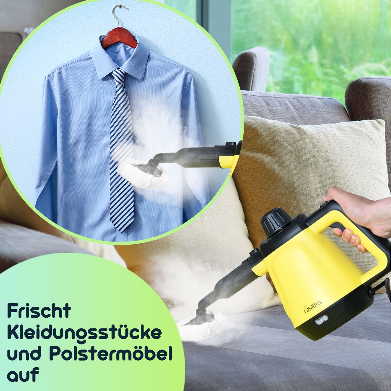 Casativo Handdampfreiniger Mobiler Premium Dampfreiniger tragbar 3.5 Bar IPX4 16-teiliges Zubehör, 1200 W, mit 400 ml Wassertank, Dampfbesen, 102 °C heißer Wasserdampf, Dampfdurchsatz 40 g/min