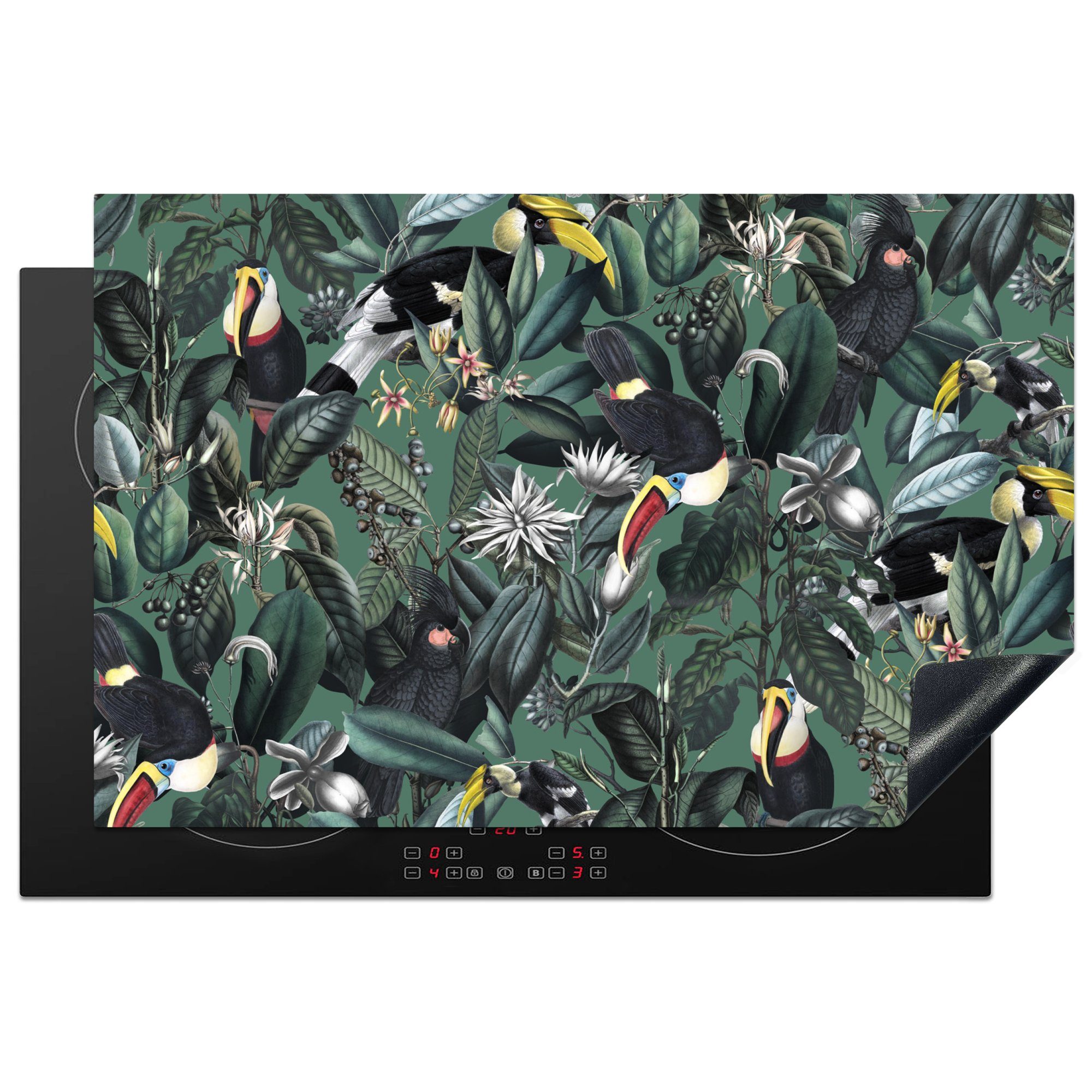 MuchoWow Herdblende-/Abdeckplatte Blumen - Vogel - Blätter, Vinyl, (1 tlg), 81x52 cm, Induktionskochfeld Schutz für die küche, Ceranfeldabdeckung