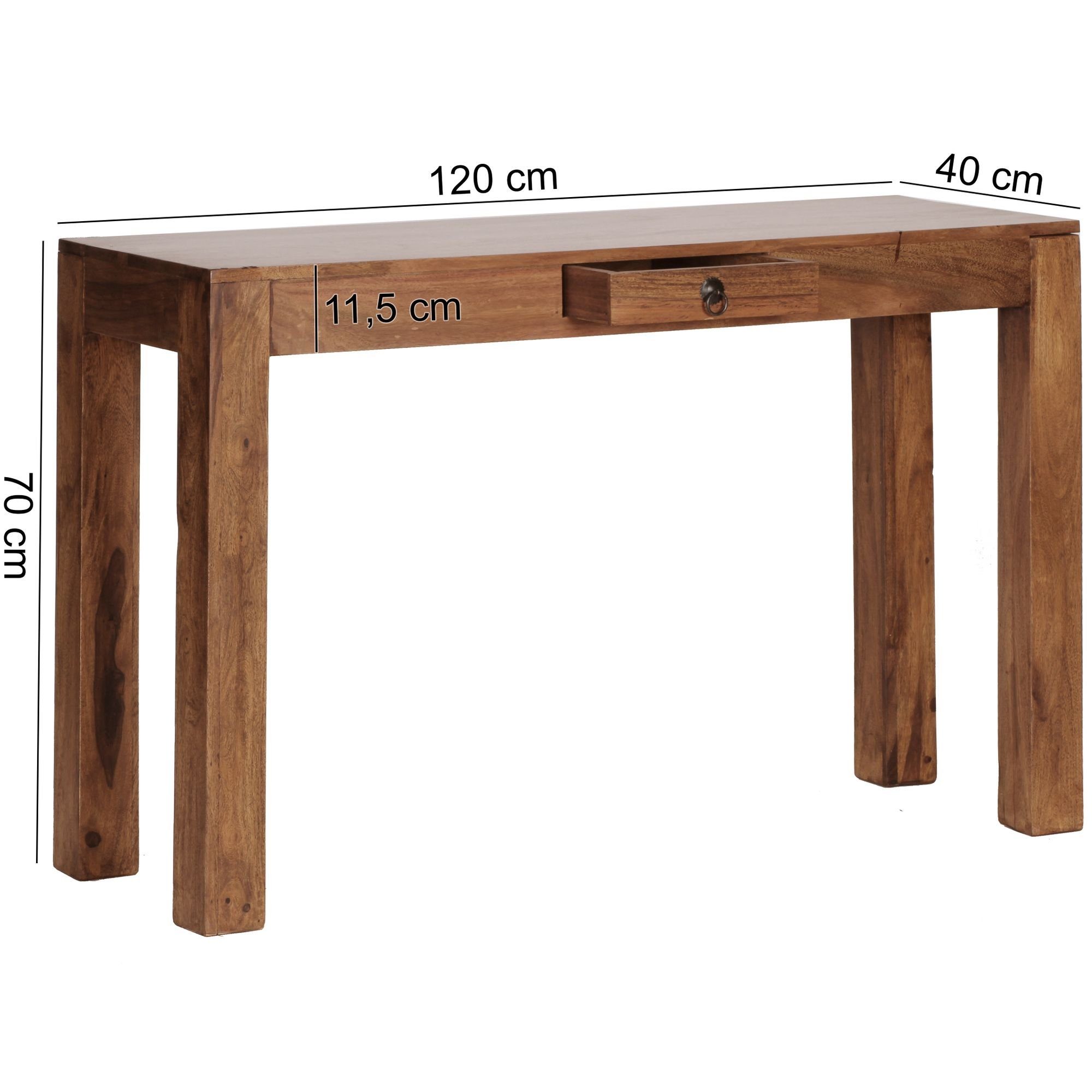 KADIMA DESIGN Konsolentisch Wood cm Konsole Sheesham 120 mit x Massiv Schublade 40 1 mit Konsolentisch 110cm Landhaus-Stil Massivholz Schminktisch, Sideboard Schreibtisch Schublade