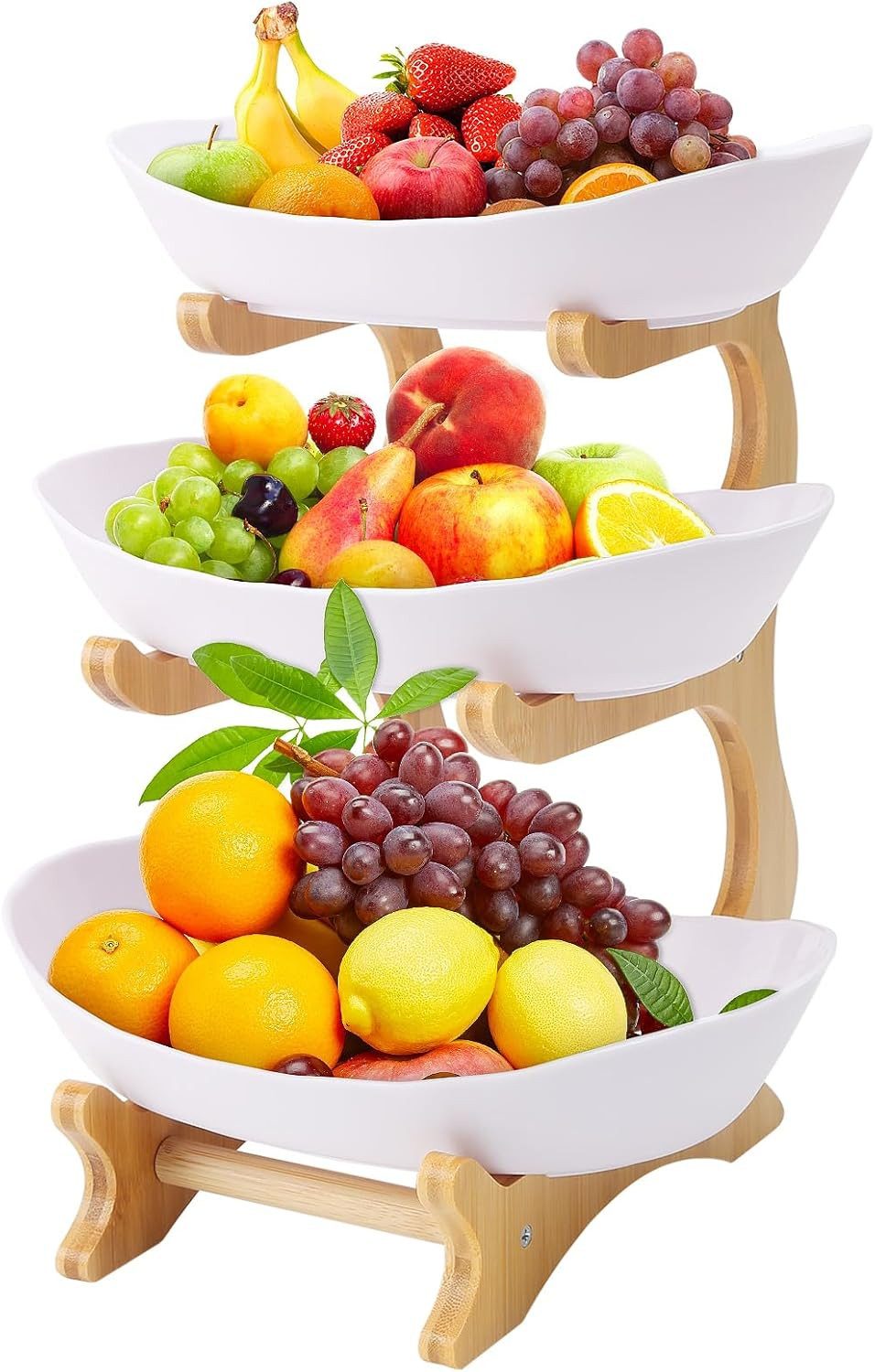 Refined Living Obstschale Weiß Keramik Etagere 3 Etagen, Fruchtkuchen Stehen,Obst-Serviertablett, Bambusholz + Keramik C, (Keramik Obstschale, Obstschale mit Holzständer, Obstschale groß, Obstaufbewahrung Küche, Dekorative Obstablage, Mehrstöckige Obstschale, Küchenablagekorb, Küchenablagekorb und Dekoschalen für die Arbeitsplatte,Große Kapazität,BPA-freie Keramik, Aufbewahrungshalter, 1-tlg), für Küchendekoration Gemüse Obst Snacks, Süßigkeiten, Kleine Kuchen